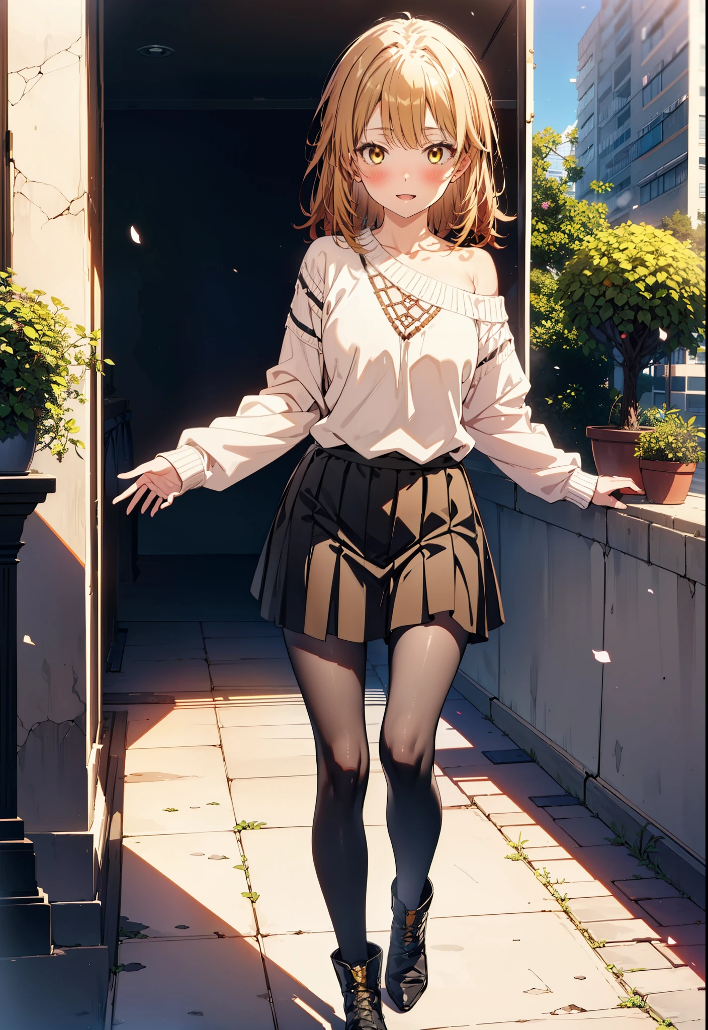 irohaisshiki, iroha isshiki, Long Hair, Brown Hair, (Brown eyes:1.5), happy smile, smile, Open your mouth,Yellow one-shoulder sweater,Black long skirt,Black Pantyhose,short boots,morning,morning陽,The sun is rising,whole bodyがイラストに入るように,walk,Building district,
break outdoors, balcony,Balcony, terrace, balcony, Embankment, Huge, Potted plants, Flowers in a vase,
break looking at viewer,whole body,
break (masterpiece:1.2), highest quality, High resolution, unity 8k wallpaper, (shape:0.8), (Beautiful details:1.6), Highly detailed face, Perfect lighting, Extremely detailed CG, (Perfect hands, Perfect Anatomy),