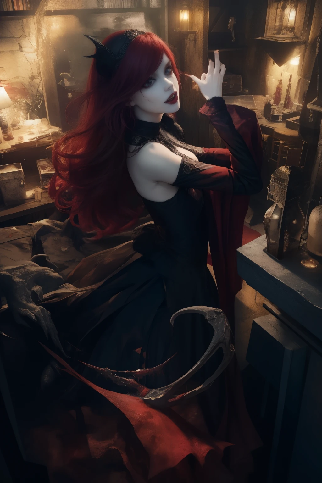 All childrens vampire hungry,red haired,creepy red eyes,fangs,pale skin,red wine claws,creepy white dress,bed,children,vampire,thin body,nice hands,nice fingers,nice legs,nice mouth,nice face,nice body,perfect anatomy,creatures, game, creature, best quality, trending on artstation,vampire infected,goth,lurid,view from above,looking up,hands up,mouth blood