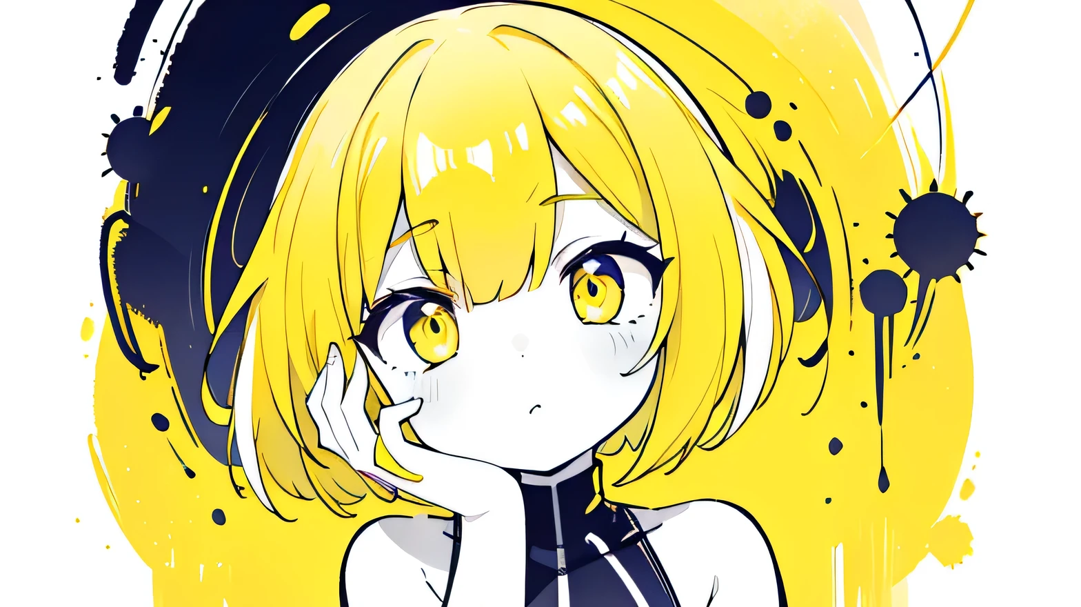 (Very bright:1.1), yellow background, [1 girl:7], Facing Front, hand on own face, yellow hair, yellow Eyes, bob cut, casual, ([sketch|watercolor \(Moderate\)]:1.15), (Inkblot:1.1), (pale:1.2),  Vector tracing, Gradient Blending, Bright colors, ((Colorful)), Great, Very detailed, Complex, (Very low contrast: 1.4)