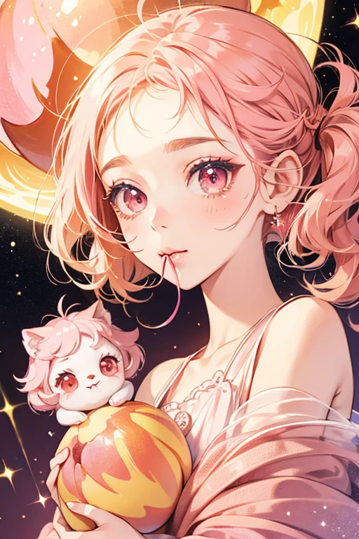 Memeputchi resembles a peach-colored ball with eyes, eyelashes and a mouth, rosy cheeks, and two pink antennas on either side of her head. SPARKLE; GLITTER