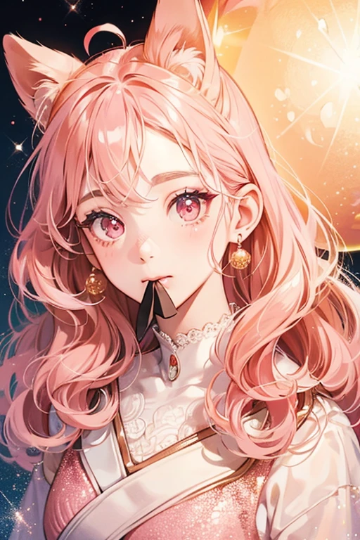 A pink GIRL bear with pale pink ears, brown nose, and eyes. She is winking her left eye and had a wide-opened mouth. She has pale cream-colored cream and magenta sprinkles. SPARKLE; GLITTER