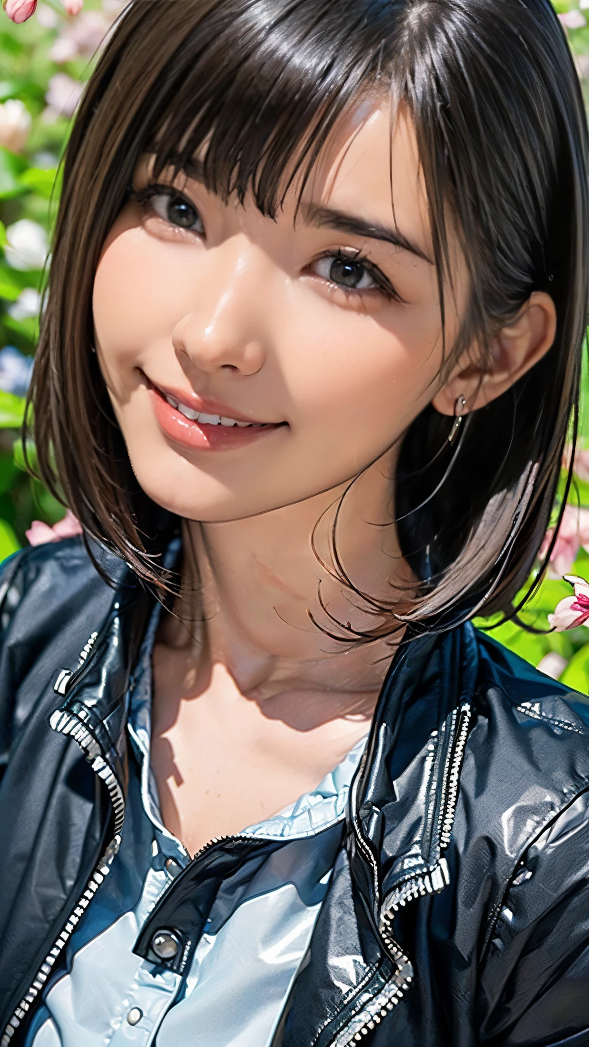 (((masterpiece:1.5),(highest quality:1.5),(Very detailed:1.5),(High resolution:1.5),(Realistic:1.5),(Photorealistic:1.5),(Delicate depiction),(Gentle colors))),8k,wallpaper,BREAK,1 girl,New female employee,(Face close-up:1.5),(front),Japanese,Short Bob,(Black Hair),(Beautiful Hair:1.5),(Shiny Hair:1.3),(Detailed hair drawing:1.2),BREAK(Peering in:1.5),(Fine skin:1.5),(Shiny skin:1.3),(Beautiful Face:1.5),(Cute Face:1.5),(smile:1.5),(Smiling with mouth closed:1.5),(Beautiful Teeth),BREAK((Wearing a jacket:1.5)),((Wearing a frilly shirt:1,5)),(Vivid clothing drawings),(Spring background:1.5),(((Blur the background:1.5)))