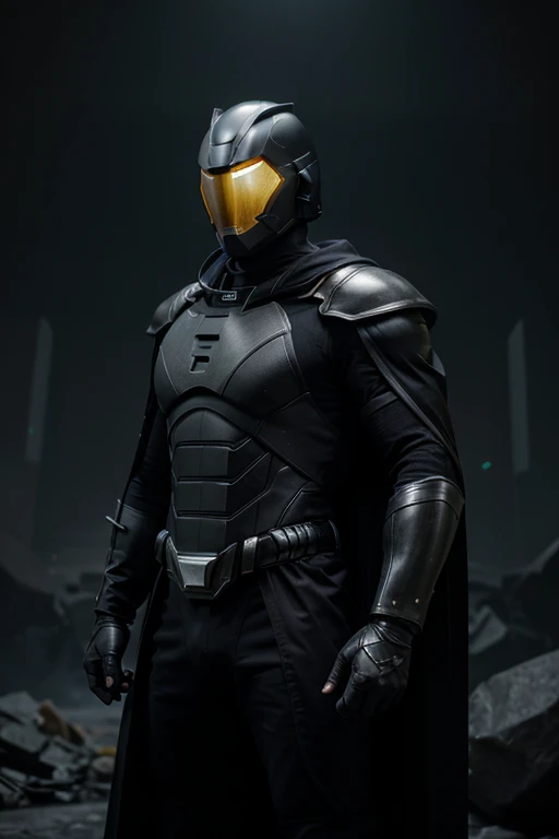 highres:1.2), ultra-detailed, realistic, superhero man, godly metal black armor, black cape, black gloves, black stripes on both sides of arms, no logo on armor, wears a black astronaut helmet with yellow visor, superhero base, cinematic lighting, dramatic shadows, volumetric lighting, epic fantasy, hyper detailed, majestic, awe-inspiring, heroic, powerful pose