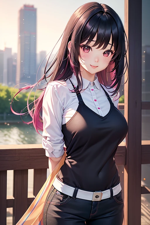 a beautiful 21 year old korean girl, long slightly waved black hair with pink highlights, rosy eyes, playful smile, anime realism style, portrait, (best quality,4k,8k,highres,masterpiece:1.2),ultra-detailed,(realistic,photorealistic,photo-realistic:1.37),HDR,vivid colors,professional,bokeh