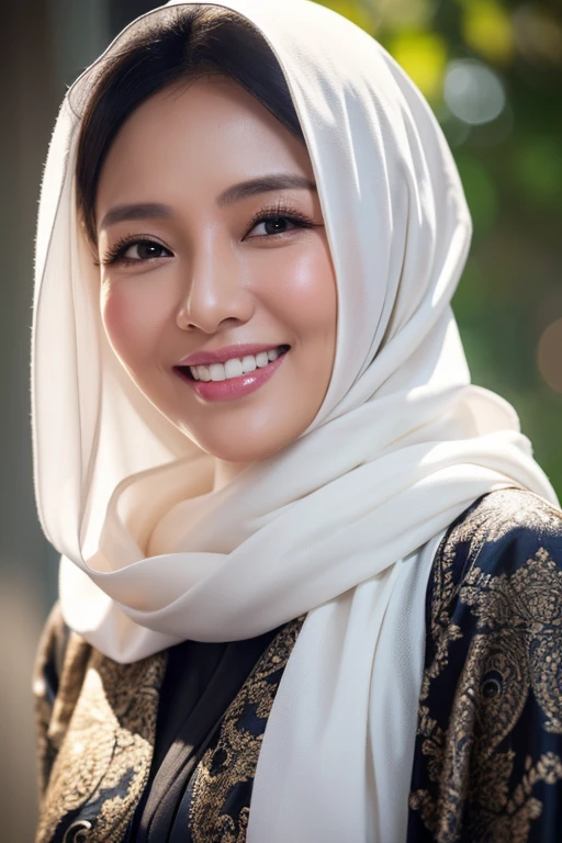 a gorgeous 42 year old Indonesian woman, 1girl, silk abaya, white hijab, smiling, shy, opened mouth, visible teeth, hot mom, full portrait, photorealistic, 8k, masterpiece, ultra-detailed, realistic, vivid colors, dramatic lighting, warm color tones