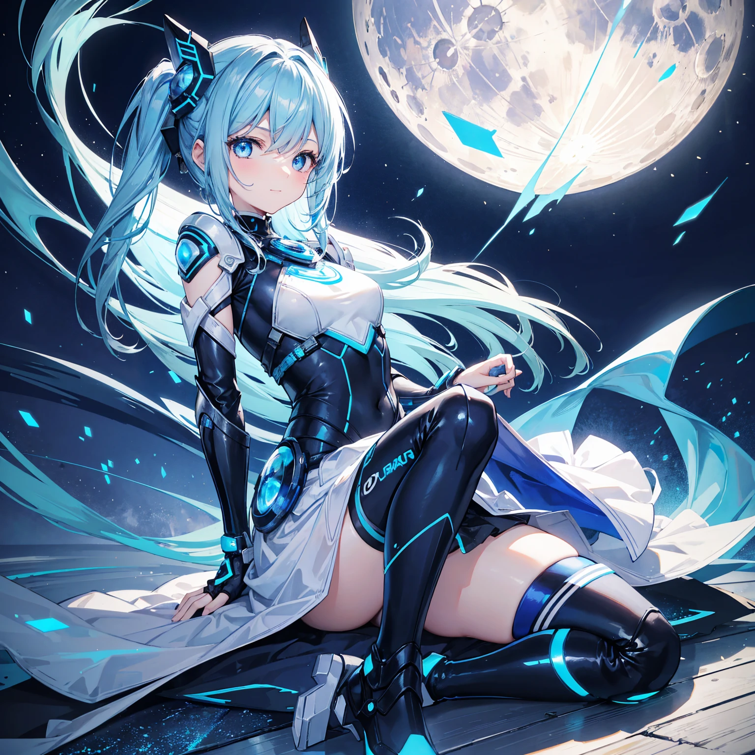 8k, highest quality, (real:1.4), Original photo, 1 girl, Asari Hair, Biological Amplifier, refined armor, posture: Peace talks between warring factions,，Attention Clever Blue Eyes,A modest smile、Knee-high boots、Blue big moon and blue light swirl in the background、Blue light from behind、blue light magic,A small, glowing blue ball in the palm of your hand