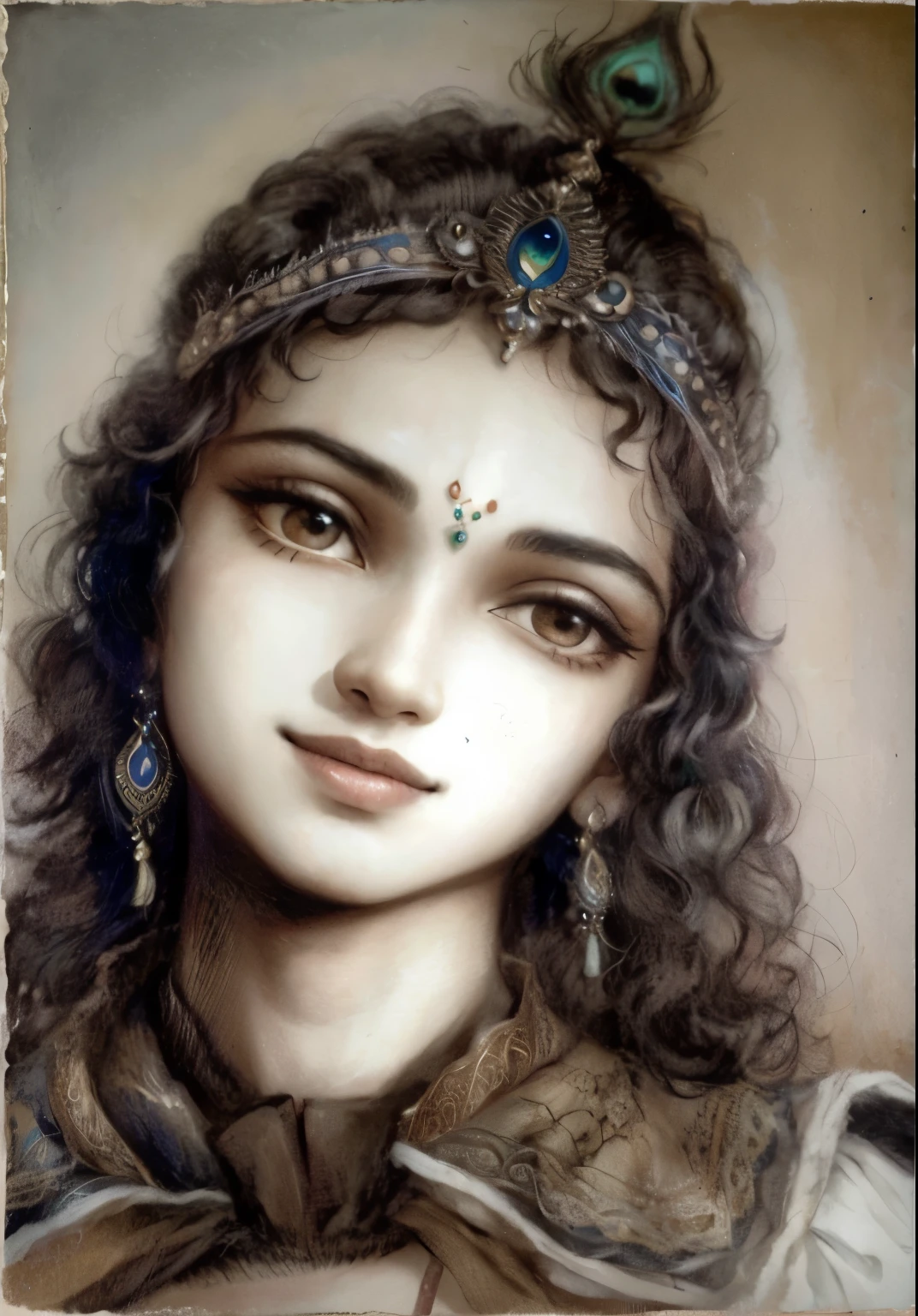 Lord Krishna, s old, adorable face, doe eyes, smiling, curly black hairs, earings, peacock feathers, dull colors, beautiful