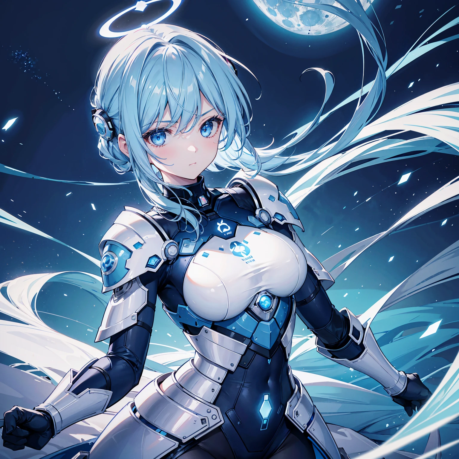 8k, highest quality, (real:1.4), Original photo, 1 girl, Asari Hair, Biological Amplifier, refined armor, posture: Peace talks between warring factions,attention arousal, smart blue eyes,Blue big moon and blue light swirl in the background,Blue halo,
