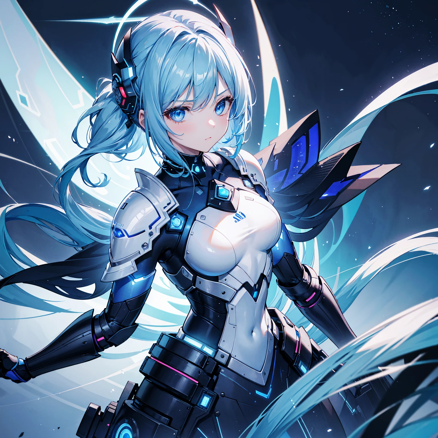 8k, highest quality, (real:1.4), Original photo, 1 girl, Asari Hair, Biological Amplifier, refined armor, posture: Peace talks between warring factions,attention arousal, smart blue eyes,Blue big moon and blue light swirl in the background,Blue halo,