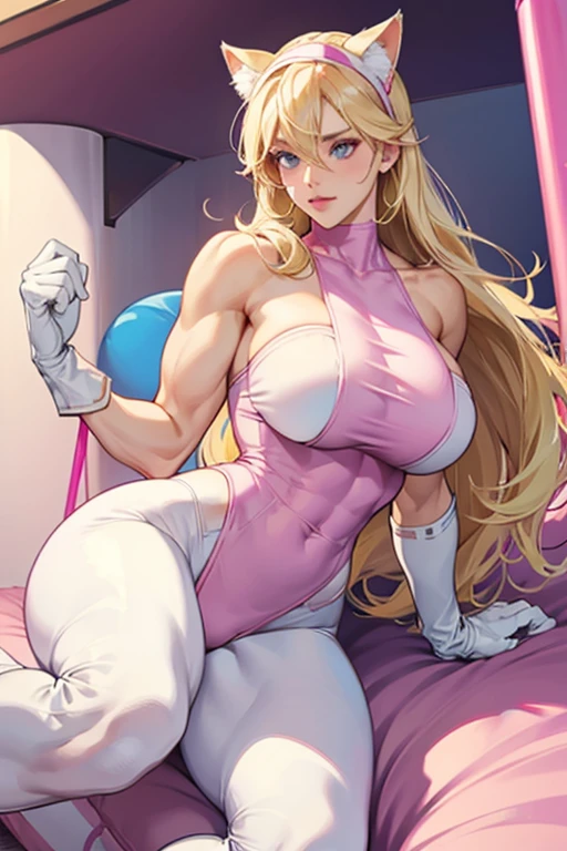 A blonde, muscular, big-breasted MILF wearing a pink tube top, white leggings, white boots, white gloves, and a cat ear headband
