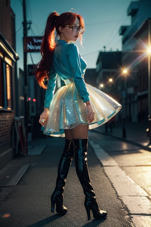 ( 
    (Character: one irish woman, (20 years old), red hair, long ponytail hair) 
    (Clothing: cyan vintage dress, pantyhose, high heels boots, glasses)
    (Pose: upper body shot:1.7, dynamic pose)
    (blurry, intense urban lights in background) 
    (Style: ((masterpiece:1.5)), (face detailed), photo-realistic:1.3, hyperrealistic, foggy, high contrast, shiny skin, soft lighting, backlighting, bloom, light sparkles, chromatic aberration)