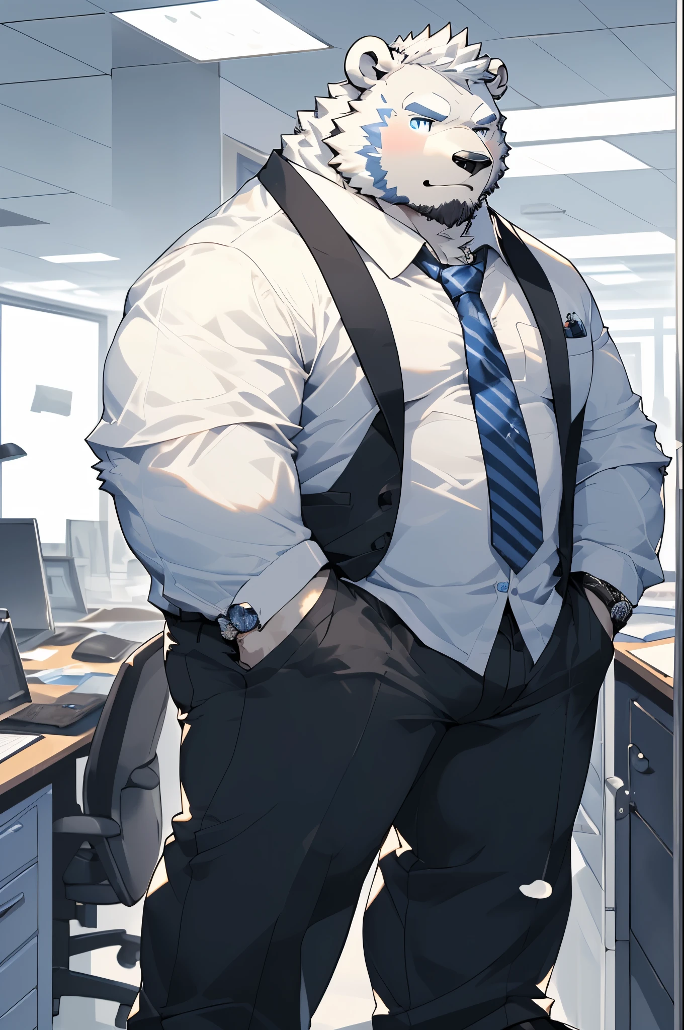 hairy,(Polar Bear,Black suit,Black trousers,),Pure white fur,Blue short hair,male,blue eyes,Common,full-body shot,Company manager,Standing at the door,Full body details ,Detailed office background,lifelike ,masterpiece,Very detailed,lifelike