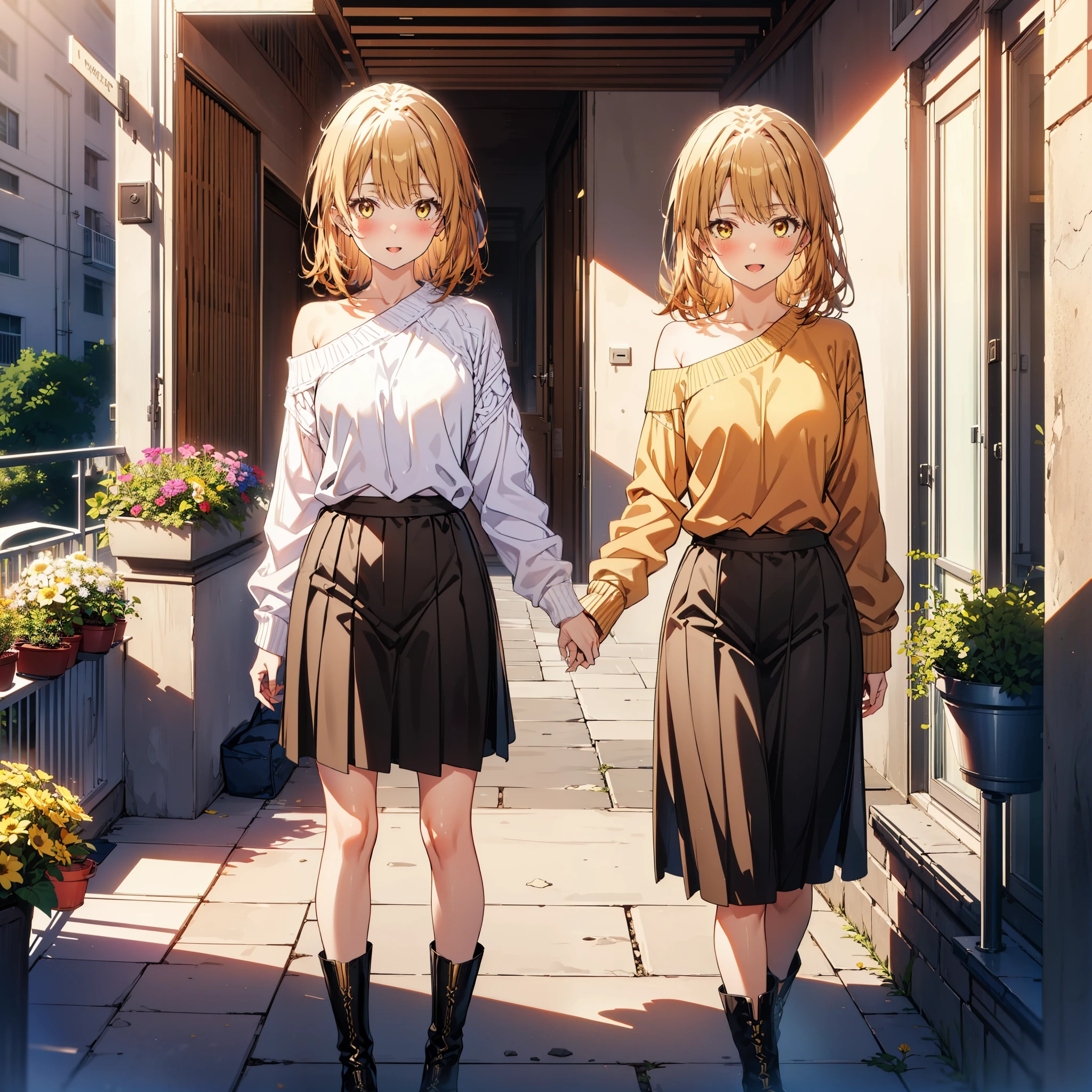 irohaisshiki, iroha isshiki, Long Hair, Brown Hair, (Brown eyes:1.5), happy smile, smile, Open your mouth,Yellow one-shoulder sweater,Black long skirt,short boots,morning,morning陽,The sun is rising,whole bodyがイラストに入るように,walk,Building district,
break outdoors, balcony,Balcony, terrace, balcony, Embankment, Huge, Potted plants, Flowers in a vase,
break looking at viewer,whole body,
break (masterpiece:1.2), highest quality, High resolution, unity 8k wallpaper, (shape:0.8), (Beautiful details:1.6), Highly detailed face, Perfect lighting, Extremely detailed CG, (Perfect hands, Perfect Anatomy),