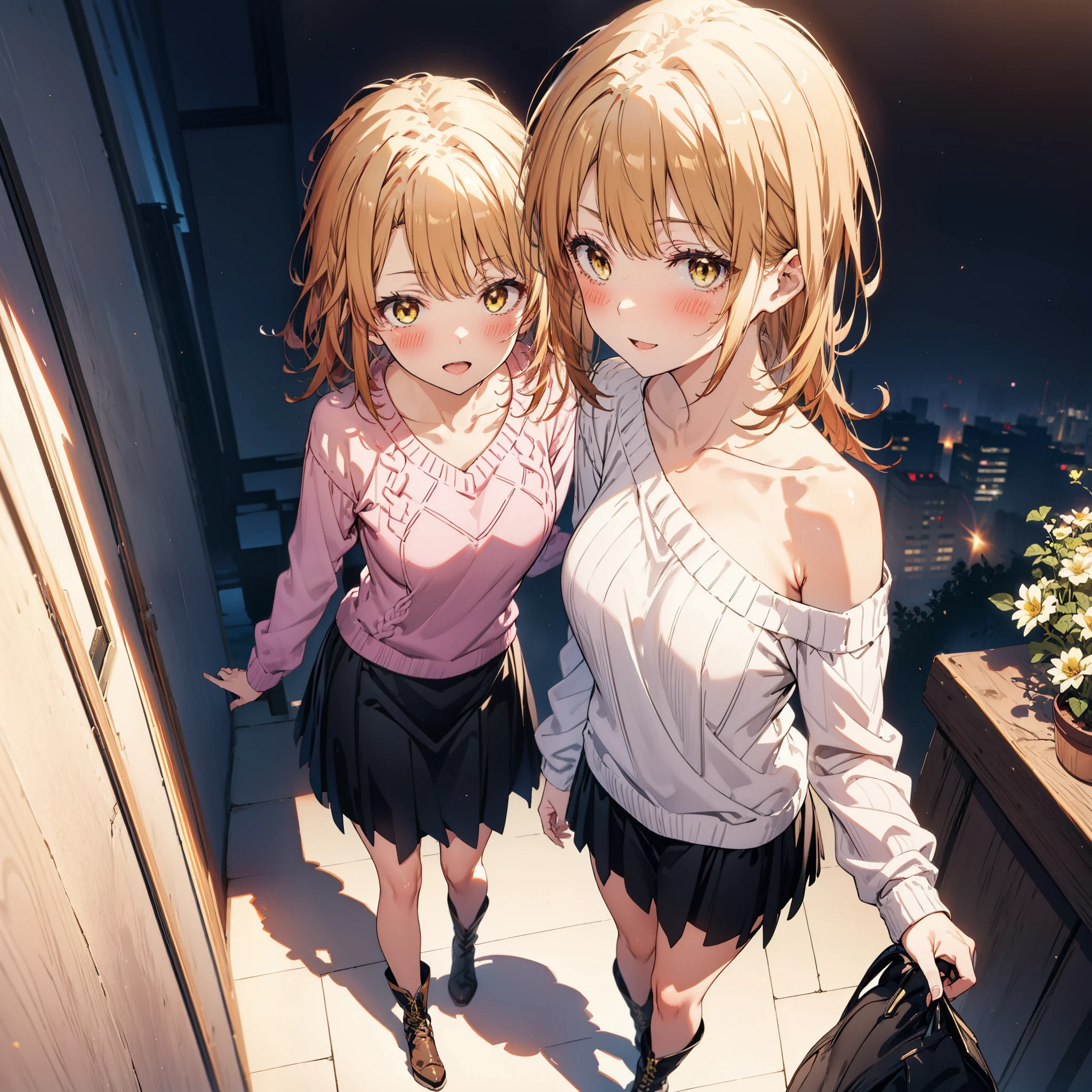 irohaisshiki, iroha isshiki, Long Hair, Brown Hair, (Brown eyes:1.5), happy smile, smile, Open your mouth,Yellow one-shoulder sweater,Black long skirt,short boots,morning,morning陽,The sun is rising,whole bodyがイラストに入るように,walk,Building district,
break outdoors, balcony,Balcony, terrace, balcony, Embankment, Huge, Potted plants, Flowers in a vase,
break looking at viewer,whole body,
break (masterpiece:1.2), highest quality, High resolution, unity 8k wallpaper, (shape:0.8), (Beautiful details:1.6), Highly detailed face, Perfect lighting, Extremely detailed CG, (Perfect hands, Perfect Anatomy),