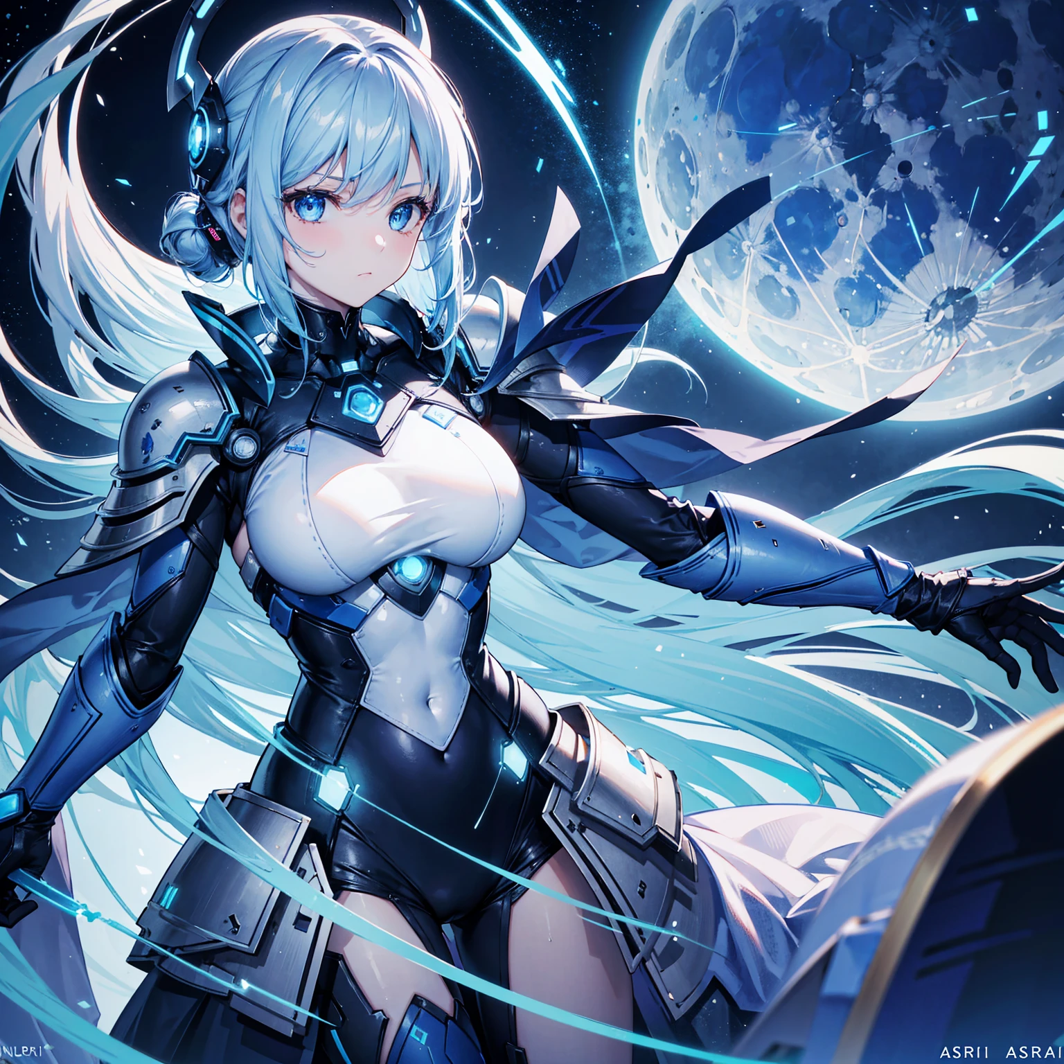 8k, highest quality, (real:1.4), Original photo, 1 girl, Asari Hair, Biological Amplifier, refined armor, posture: Peace talks between warring factions,attention arousal, smart blue eyes,Blue big moon and blue light swirl in the background,Blue halo,
