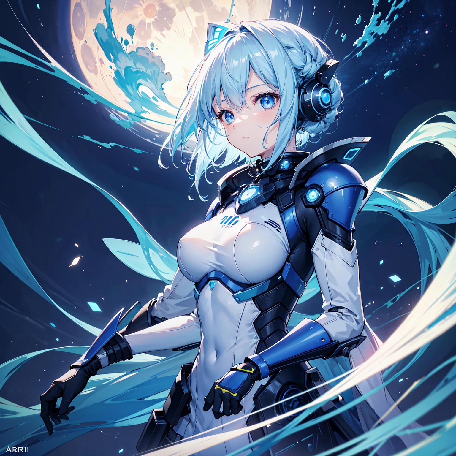 8k, highest quality, (real:1.4), Original photo, 1 girl, Asari Hair, Biological Amplifier, refined armor, posture: Peace talks between warring factions,attention arousal, smart blue eyes,Blue big moon and blue light swirl in the background,Blue halo,