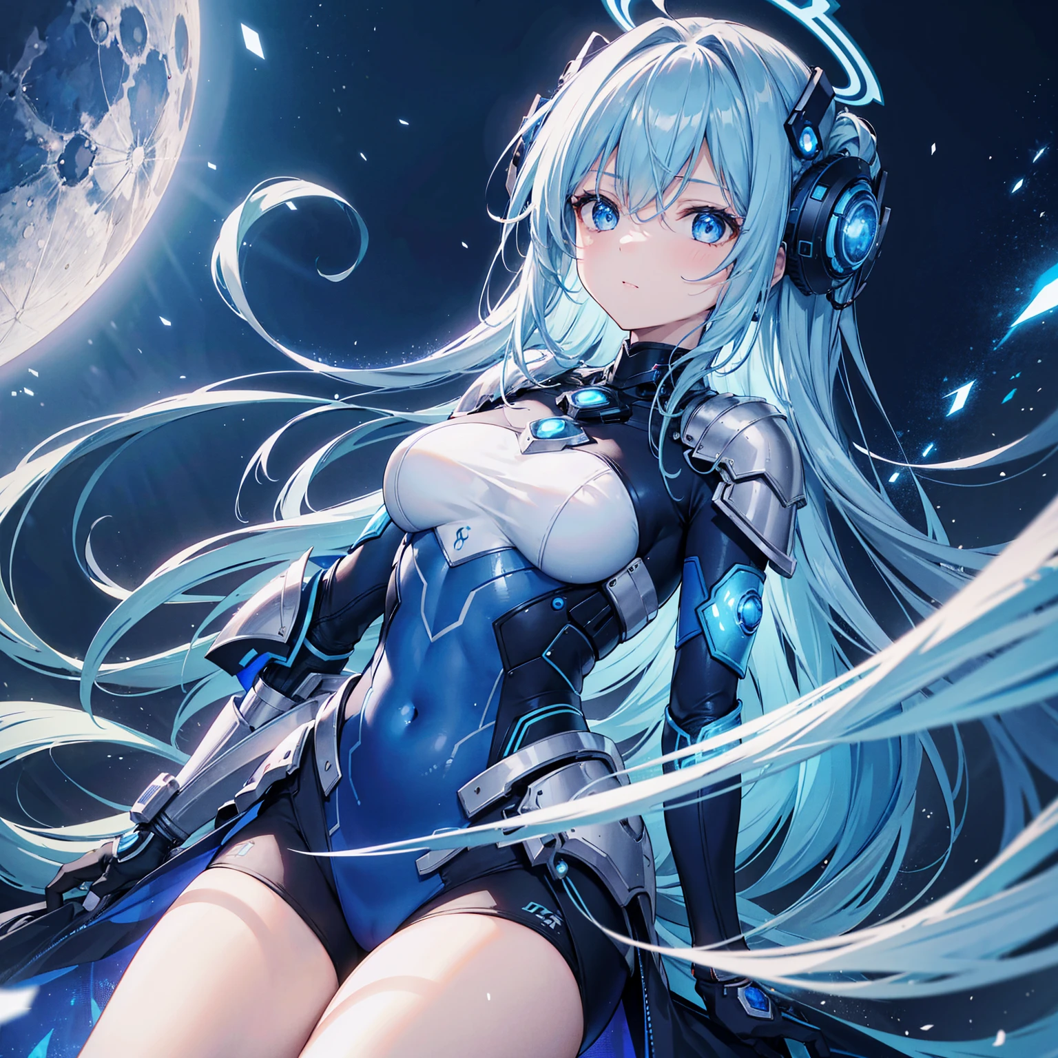 8k, highest quality, (real:1.4), Original photo, 1 girl, Asari Hair, Biological Amplifier, refined armor, posture: Peace talks between warring factions,attention arousal, smart blue eyes,Blue big moon and blue light swirl in the background,Blue halo,
