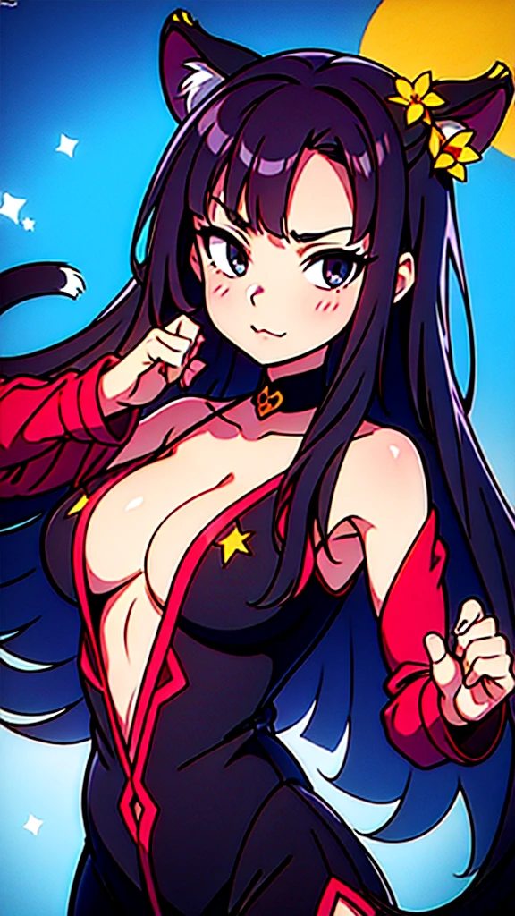 Portrait of anime woman, shoulder length black hair, black eyes, witchy clothes, goth, moon and stars, tiger lily flowers in background, opening potion,  kuudere, posing