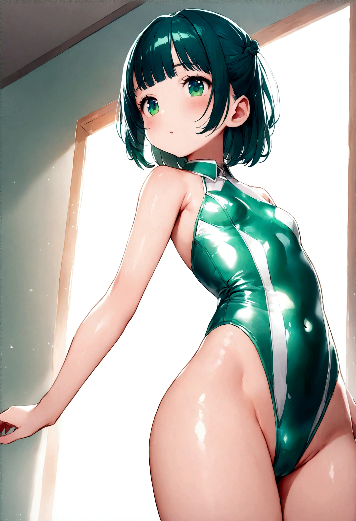 Deep high-leg Blue-green shiny enamel swimsuit A delicate junior high school student with light makeup upright