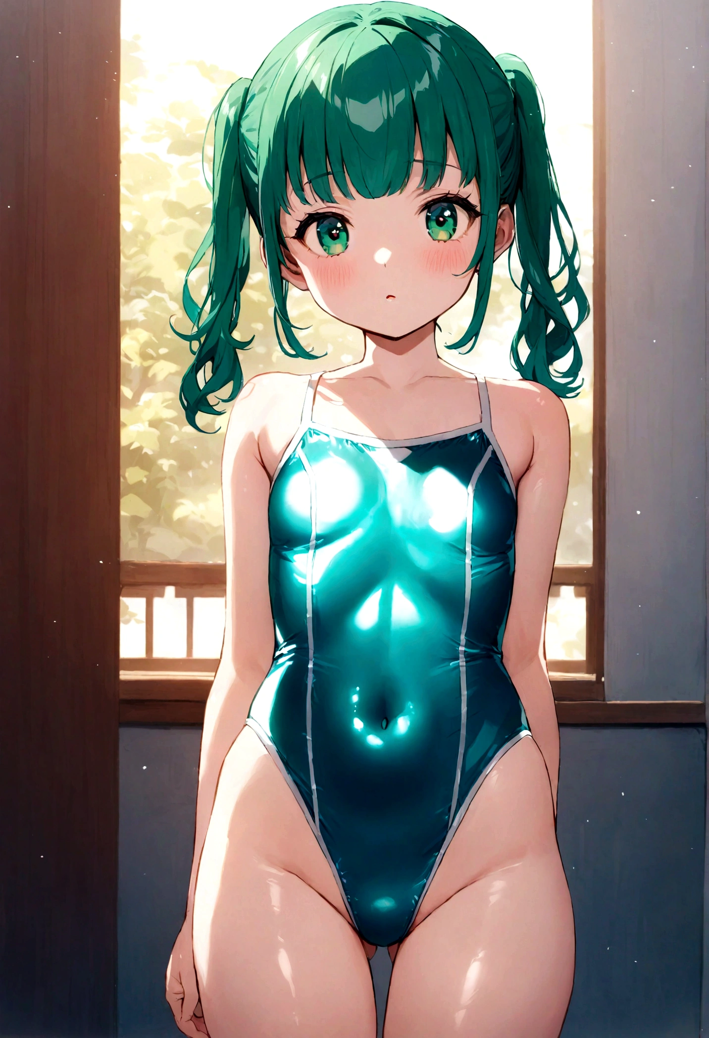 Deep high-leg　Blue-green shiny enamel swimsuit　A delicate junior high school student with light makeup　upright