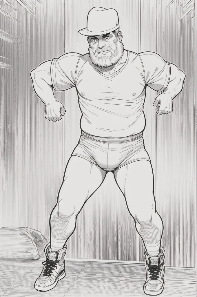 masutepiece,High quality,Highly detailed,intense scene, solid, Gritty reality setting for 50 year old sexy fat bearded man,full of sweat,Full body,Big belly,((Wearing a white shirt and white trunks)),Stunned face,Open the legs,In the darkness, Varied Camera Angles in Black Cowboy Hat, luvas preta de couro, Speedo de couro preto, botas de couro preto com esporas, , lineart, monochrome,