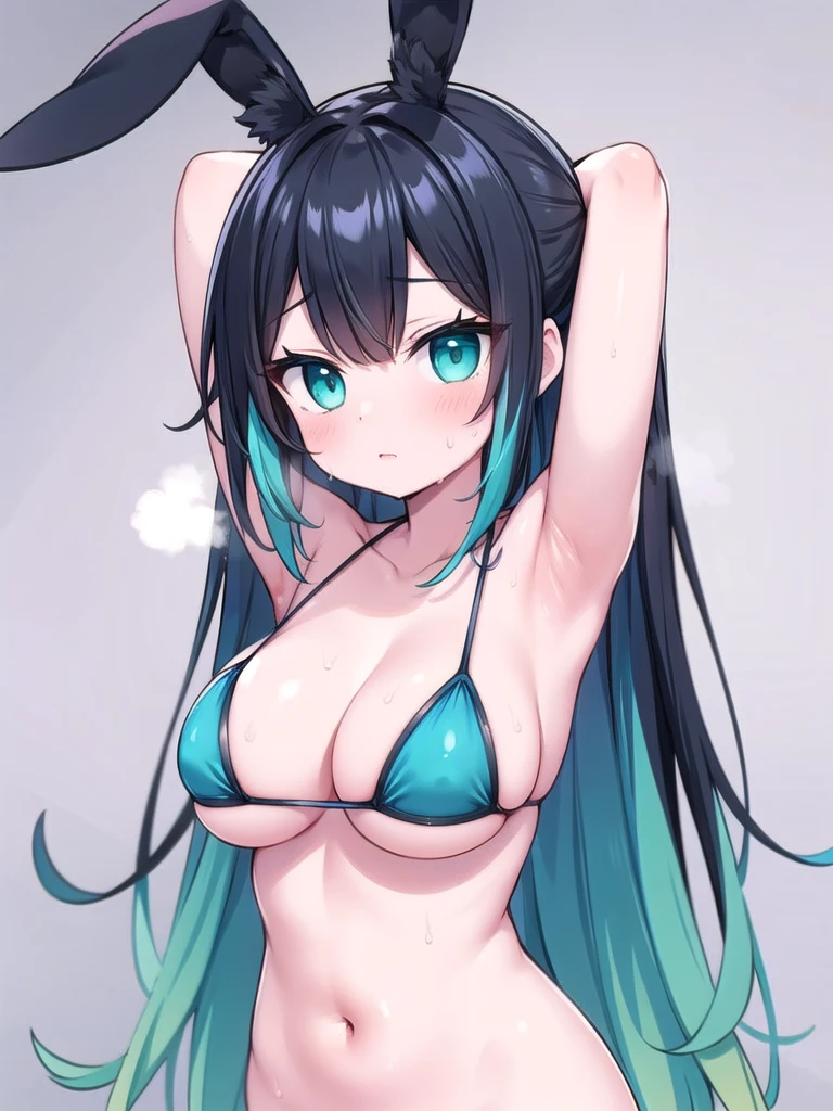 1girl, masterpiece, best quality, perfect hands, black rabbit ears, long rabbit ears, multicolored hair, black hair, cyan streaked hair, cyan colored inner hair, black to cyan gradient hair, very long hair, hair spread out, shiny hair, cyan eyes, shiny skin, armpit, (slim, slender:1.2), (micro bikini:1.2), profuse sweating, wet body, bare legs, large breasts, bottomless