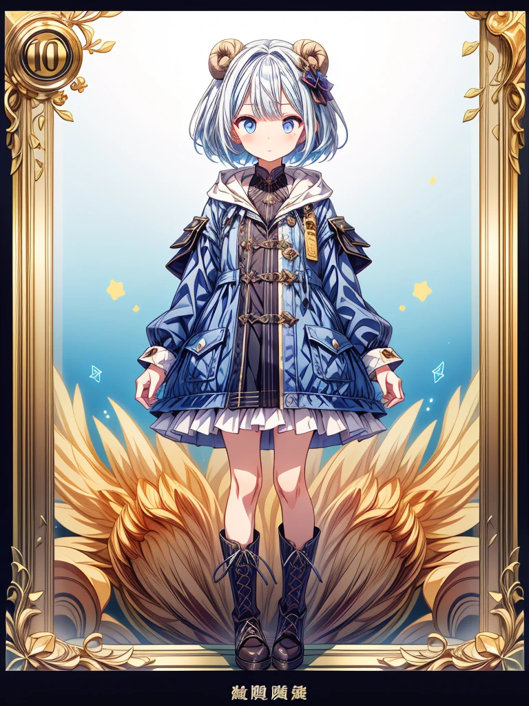 (((1girl)))、Star Fairy、vtuber-halfbody、(((highest quality、Masterpiece、The best composition、Golden Ratio、Official Art、Super detailed、Super detailedな目)))、ultra detailed, from front, headshot、 blue and white hair color、Short bangs above eyebrows、Short Hair、Standing in front of the viewer、Duffle coat、Sheepskin Long Boots、Pure white simple background、