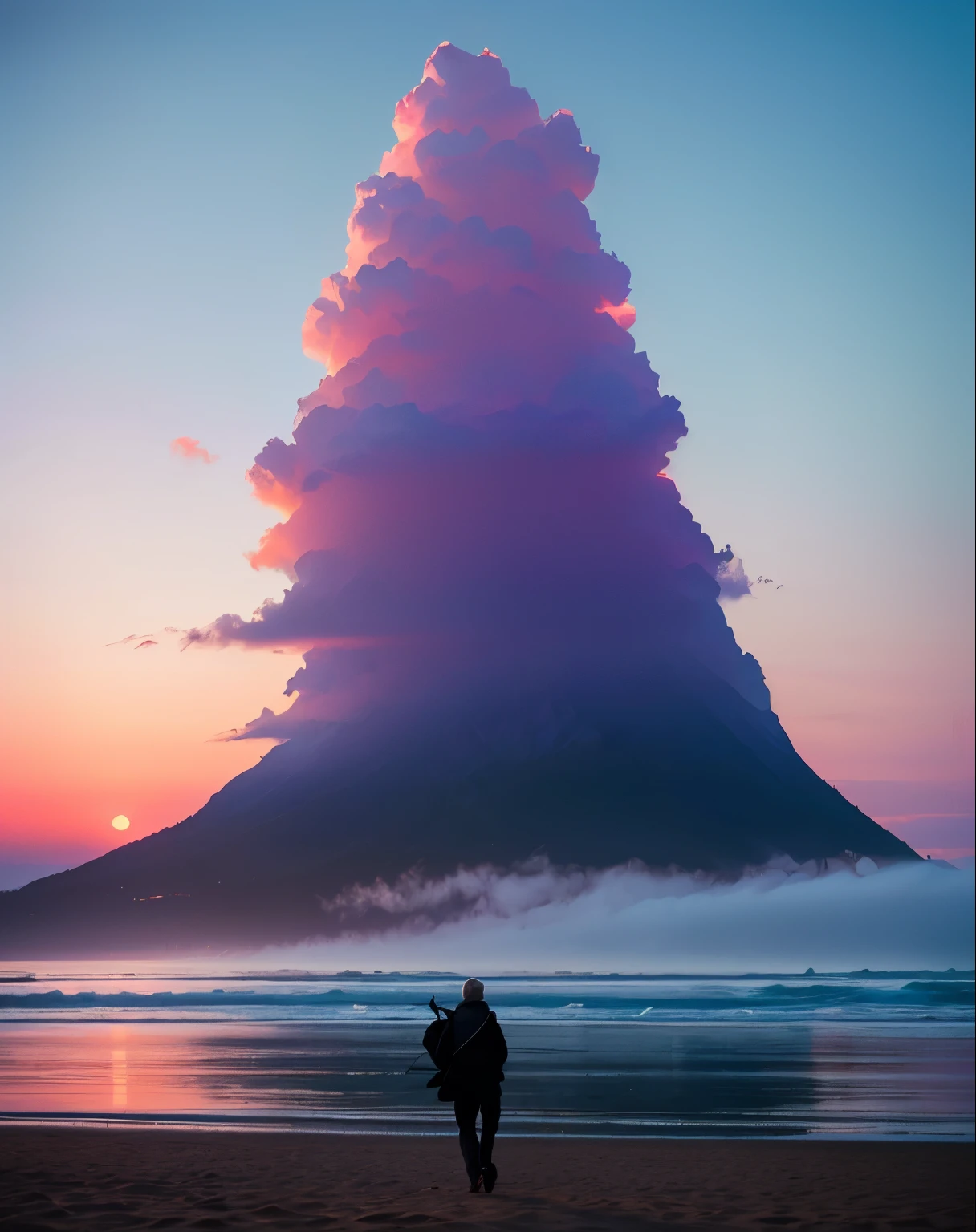 /I a misty, foggy beach at dusk with the silhouette of an old man walking along it in front and on top is a mountain that looks like feminine shape, light pink blue purple sky, wet sand, dark, moody, film grain, vintage, glitch art --ar 35:44 --sref 2540277310 --sw 50 --stylize 300