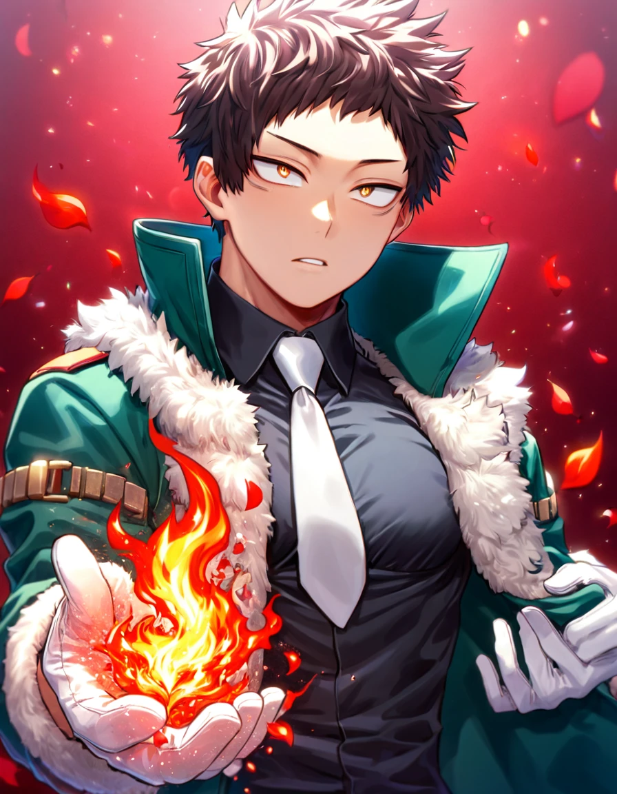 Ultra detailed, Highres, absurdres, HDR, Chisaki Kai, Overhaul, dark brown hair, short hair, short bangs, expressive golden eyes, Boku No Hero Academia, red flowers, petals, handsome, sexy man, solo, very detailed eyes and face, glittering, master piece, toned chest, fantasy, cross, best quality, dark oliver-green jacket with fur, white necktie, black shirt, white gloves, red background, fire,