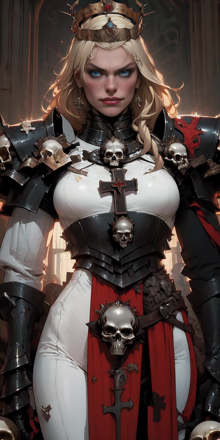 (masterpiece, best quality), intricate details,
1girl, squeenp, blonde hair, blue eyes, crown,
shaded face, looking down, from below, evil grin, angry,
armor, cross, pauldrons, skulls, cowboy shot, pelvic curtain,
