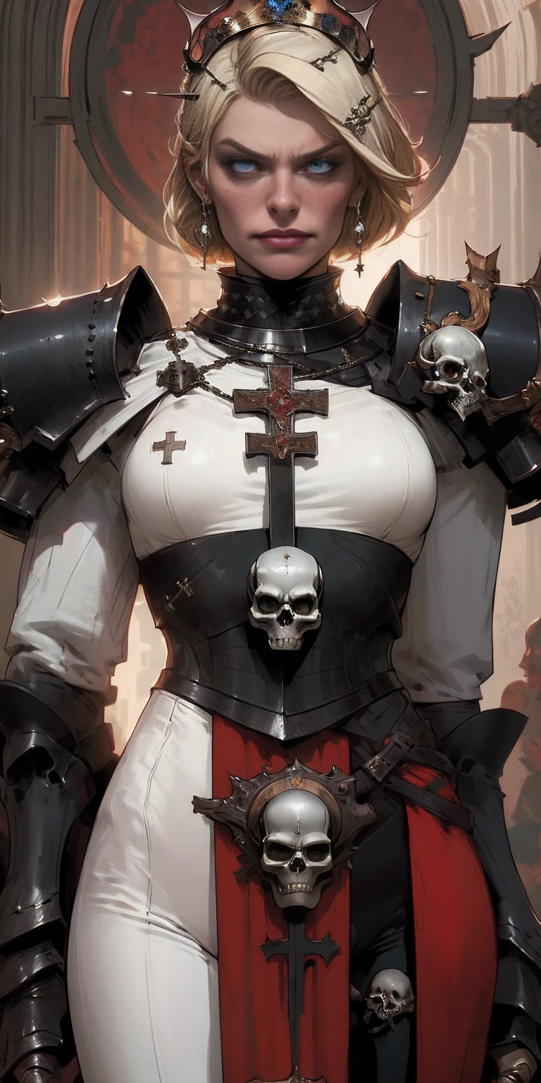 (masterpiece, best quality),  intricate details,
1girl,  squeenp,  blonde hair, blue eyes, crown, 
 shaded face,  looking down, from below, evil grin, angry, 
 armor,  cross, pauldrons, skulls,  cowboy shot, pelvic curtain,
