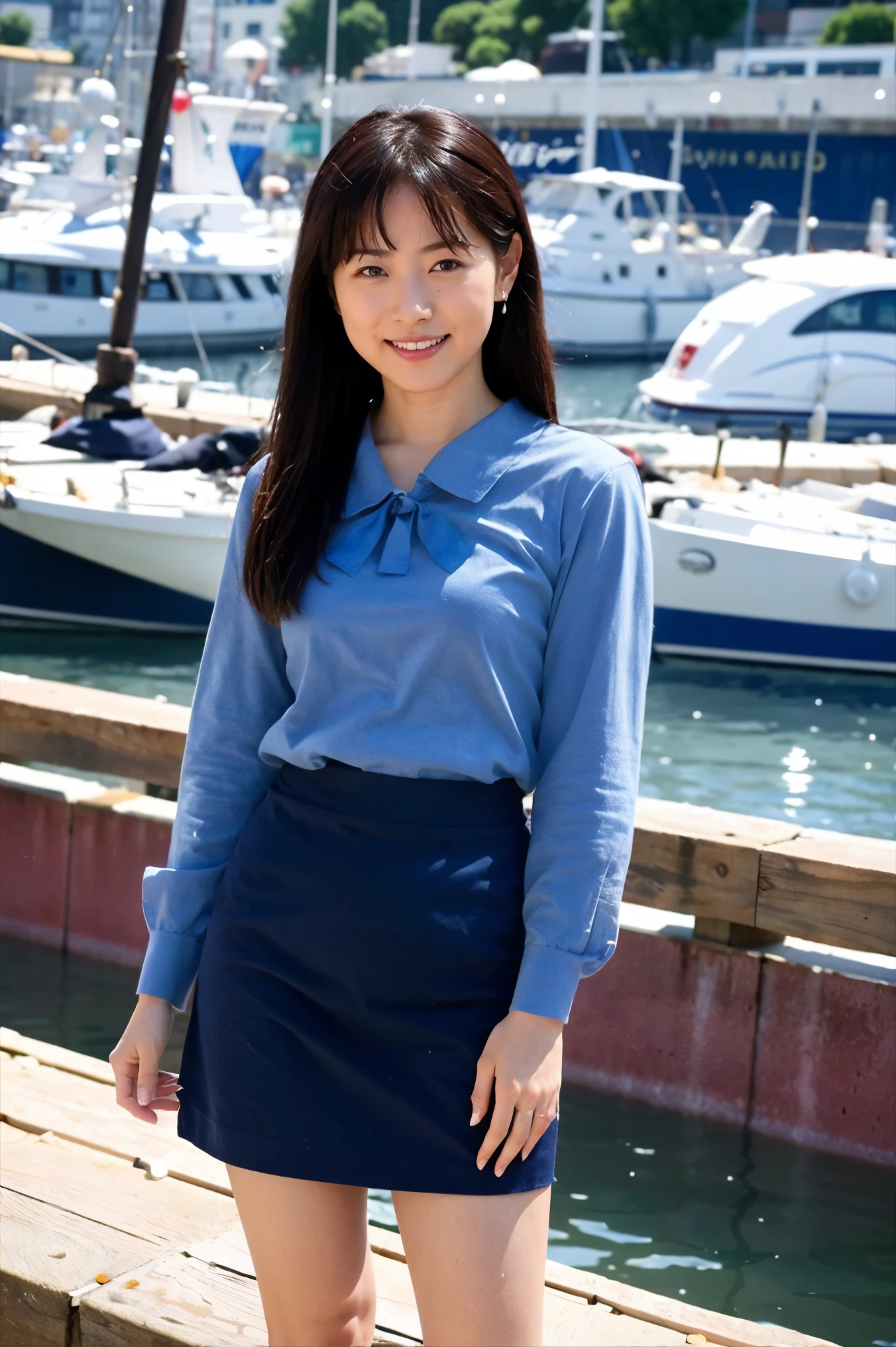 highest quality, Pieces fly, Realistic, High resolution, 8k　RAW Photos,alone, One girl, 30 years old、Standing in the harbor、smile、holding a fish in each hand、Business Blouse、Business Skirt、High heels