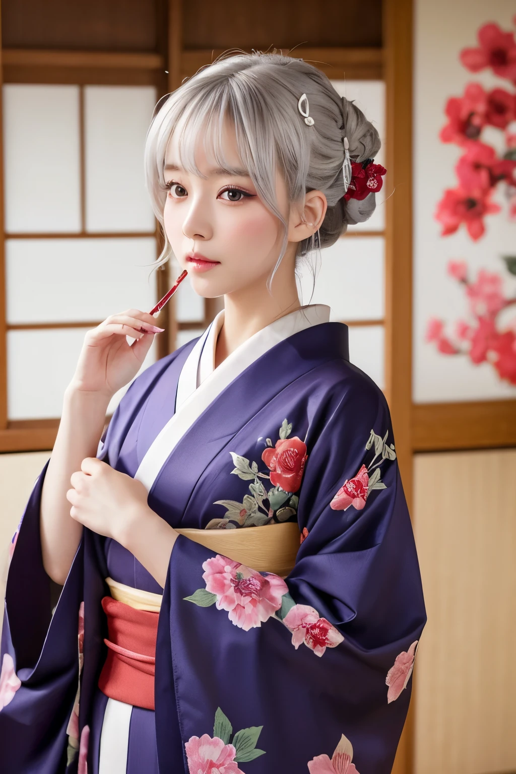 A female character drawn on a Japanese-style background、Posing in traditional Japanese clothing。Her hair is long、In silvery white、Beautifully put together。A gorgeous hairpin in her hair（Hairpin）is inserted、It has red decoration。Her expression was calm and、The gaze is directed slightly downwards。

She has a pipe in her left hand（Pipe）Has、Smoke rises gracefully。The kimono is deep purple、A red ribbon is tied、The ribbon detail is beautiful。In the background there is a big red circle、There is a peony flower painted in it.、It emphasizes the overall Japanese atmosphere.。