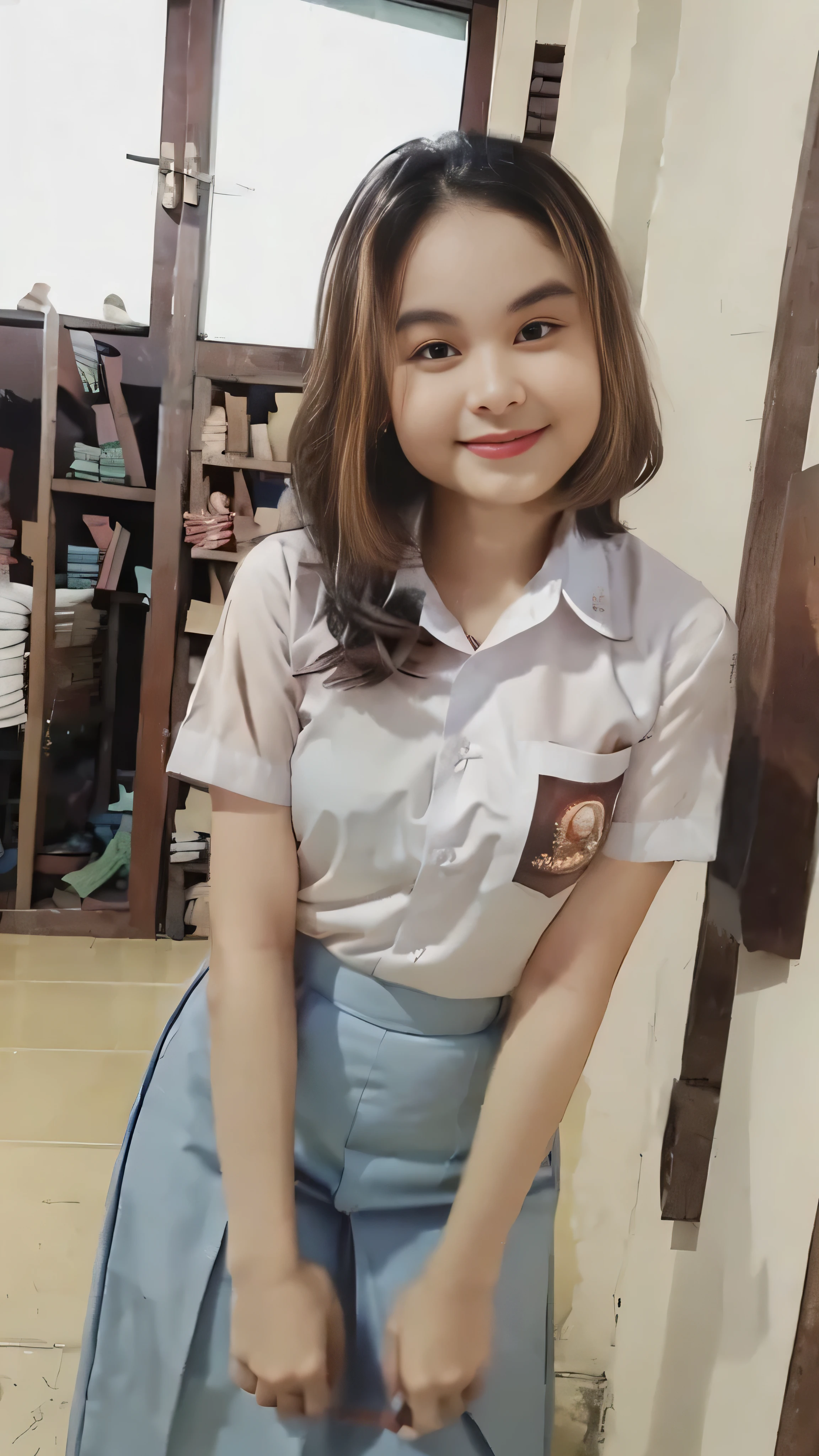 (8k, RAW photo, best quality, mastery:1.3), (realistic, photo-realistic:1.37), (looking viewer:1.331), posing Seductively, living room, soft light, 15 year old girl, short body, beautiful thighs, smaller chest, brunette hair, long hair, smile, white shirt, short sleeves, blue long skirt