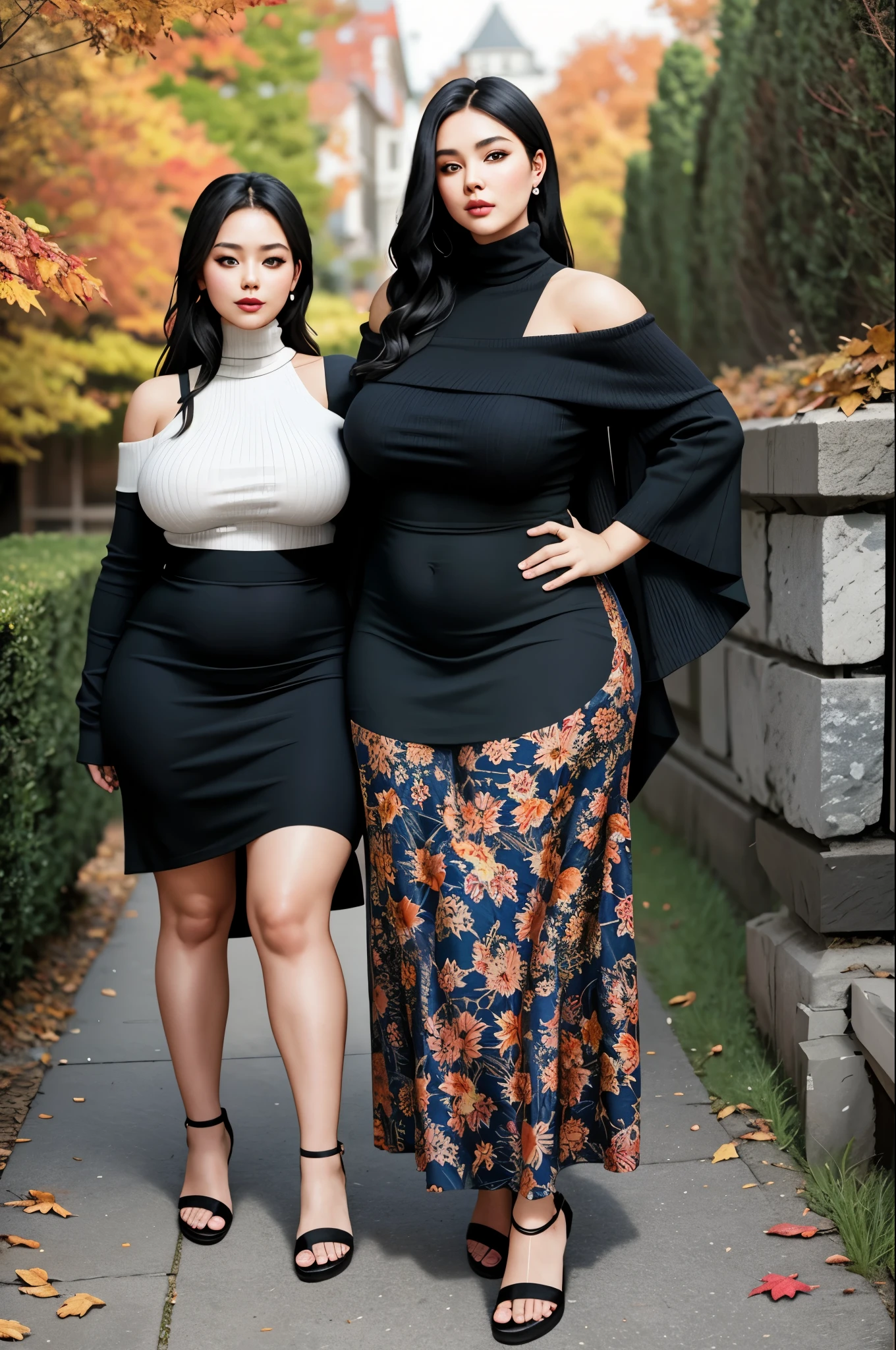 2 girls,  girls freinds group , ((Masterpiece, best quality,edgQuality)), smug,smirk,
edgADC_fashion,
long dress, autumn leaves print,sandals,off shoulder turtleneck
,wearing edgADC
(big booty) (face here) Plus size bbw big , (wide booty)insanely inflated hips,Thick body ,fat body , curve shap body, widest hips , thick hips ,widest breast,  thick breast