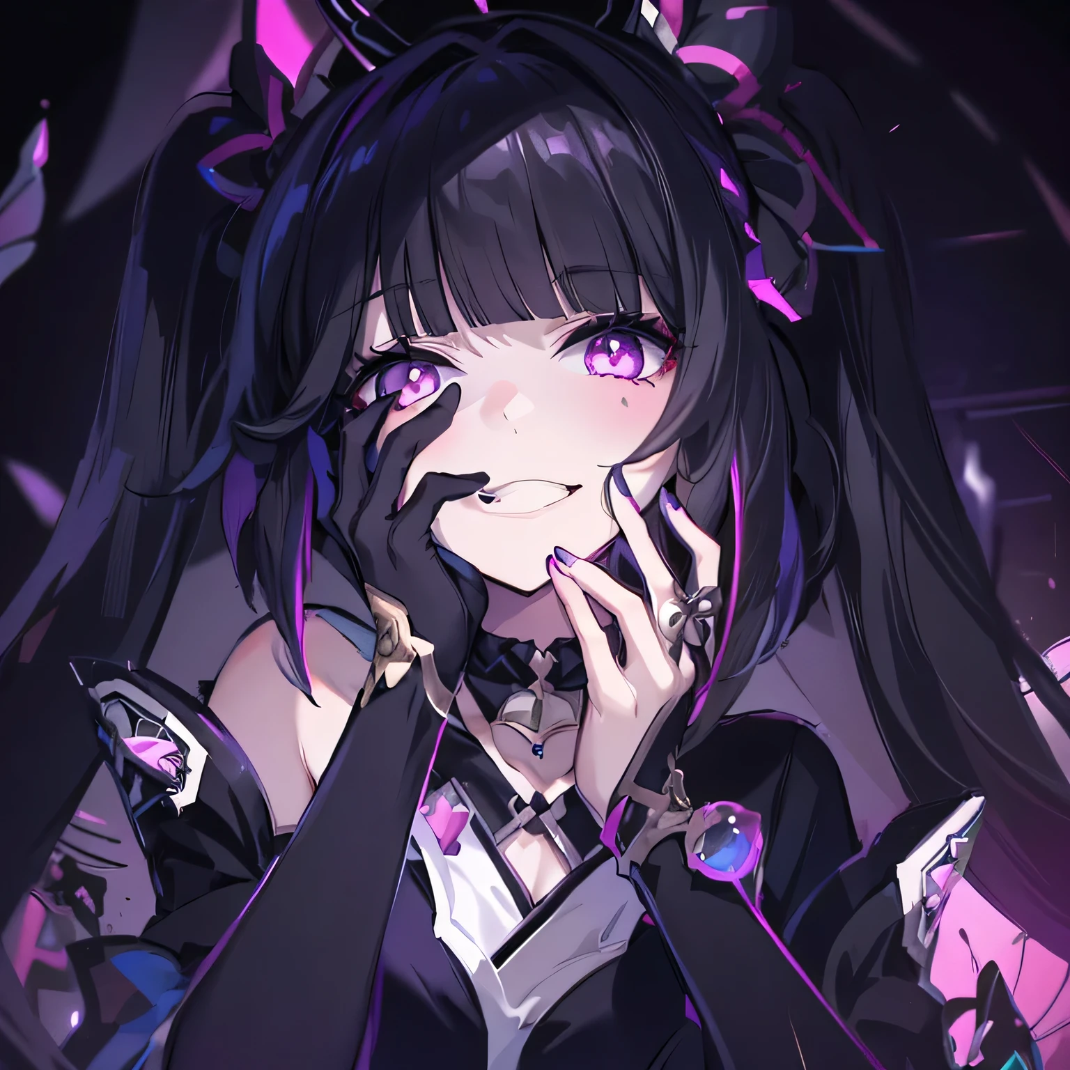 ((masterpiece,best quality)),(negative space:1.4),(1girl, solo:1.4), alleyway, dark atmosphere, a young woman who has black hair that is tied into two high pigtails with a purple tie. Her hair reaches her hips and has purple tips, fringe middle bangs, and two locks in front, with the left lock reaching her collarbone and the right lock reaches her shoulder. She has fluorescent pink eyes with a light colored butterfly detail under her pupils, beautiful detailed eyes, cocky smirk, sadistic, narcissistic, and tiny black dots under each of her eyes. Additionally, a white-and-black Kitsune mask is at an angle on the top of her head, which has a purple flower gem on its forehead, a dark purple suit with decorative pink cut stone accessories, a sash with a pink gem, and a unique hat adorned with her emblem. She wears gloves, white pants with black bands, and dark-heeled shoes.