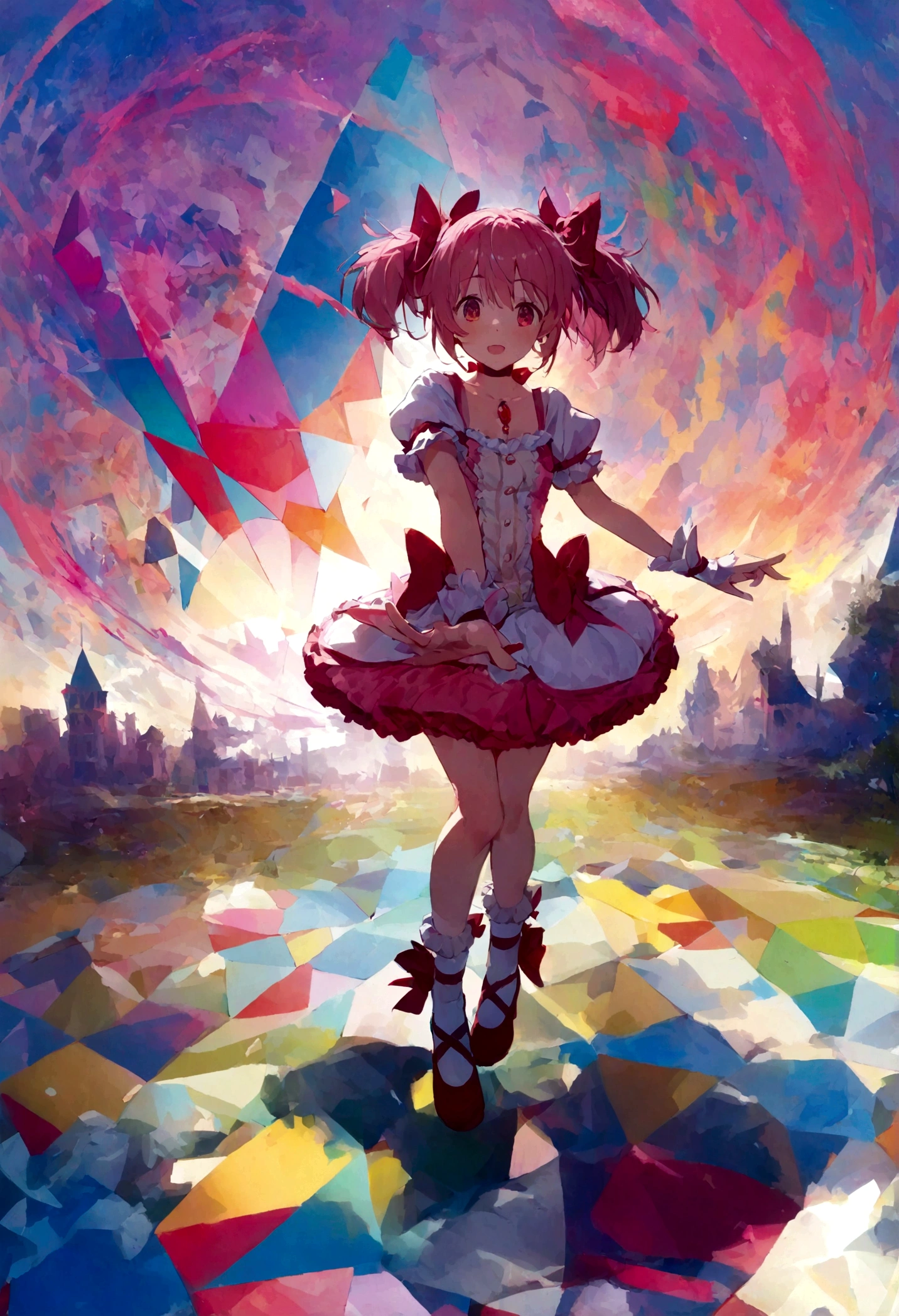 kaname_madoka\(Puella Magi Madoka Magica,magical girl style,pink twin tails hair,pink bows,open shoulder dress with frill,backward ribbon at neck,white grove,red juwel at middle of clavicle\) is standing with confused face in the center lost her way, showing full body to viewer, BREAK ,geometric and chaotic background with messy chaotic gothic shadow puppet castles,(in a very psychedelic nightmare), BREAK ,quality\(8k,wallpaper of extremely detailed CG unit, ​masterpiece,hight resolution,top-quality,top-quality real texture skin,hyper realisitic,increase the resolution,RAW photos,best qualtiy,highly detailed,the wallpaper,cinematic lighting,ray trace,golden ratio\),(long shot),wide shot,landscape,blured background,(art by Maurits Escher:1.3)