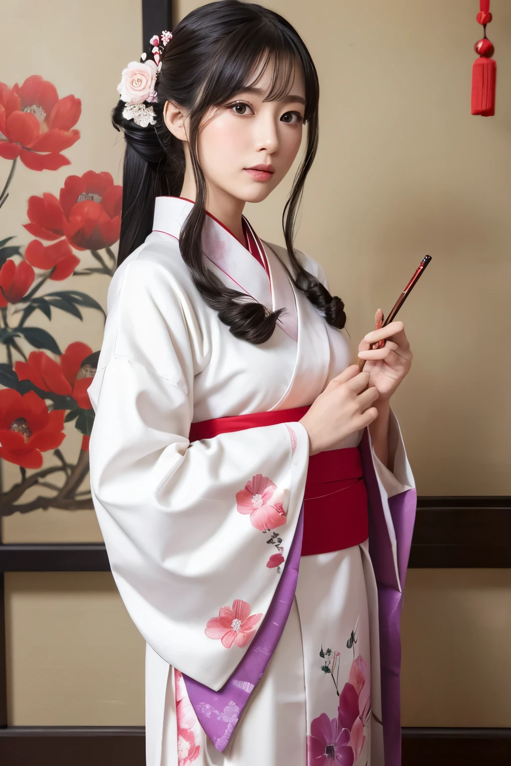 A female character drawn on a Japanese-style background、Posing in traditional Japanese clothing。Her hair is long、In silvery white、Beautifully put together。A gorgeous hairpin in her hair(Hairpin)is inserted、It has red decoration。Her expression was calm and、The gaze is directed slightly downwards。
She has a pipe in her left hand(Pipe)Has、Smoke rises gracefully。The kimono is deep purple、A red ribbon is tied、The ribbon detail is beautiful。In the background there is a big red circle、There is a peony flower painted in it.、It emphasizes the overall Japanese atmosphere.。
The illustrations are drawn with delicate lines and rich colors.、It highlights her elegance and traditional beauty.。