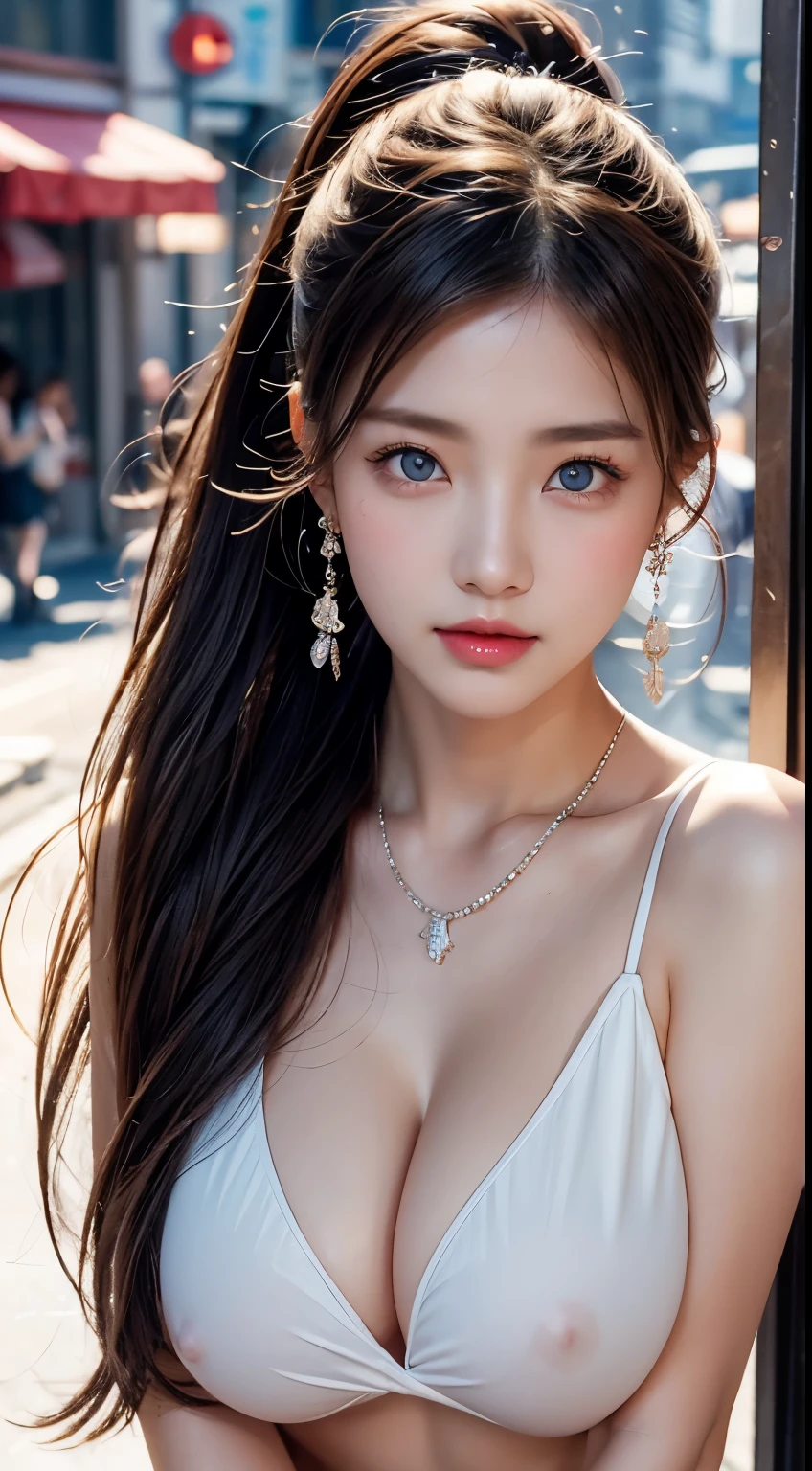 Urban beautiful girl college , masterpiece, (nsfw:1.5)、Cleavage、light makeup, Red lips, Silver Hair, Disheveled long hair, Street background, beautiful, elegant. Extremely fine detail, Master Works, Authentic texture, Realism in film lighting, Perfect job, 16k, High resolution, exquisite features,blue eyes、Japanese Idols、beautiful顔、Cute Smile、Brown Hair、beautiful hair、ponytail、Shiny skin、Sunburned skin、Glowing dark skin、 Bright big eyes, Smooth Skin, Earrings, necklace、