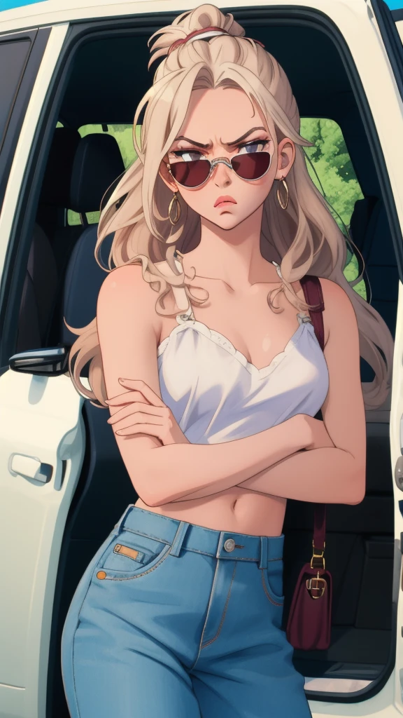 ((masterpiece)),(illustration),best quality,delicate details,refined rendering,Anime style,extremely detailed, Rich Girl, Jordyn Jones, dark Gucci Sunglasses, pouting lips, wide hipes, smug, upset, arms crossed waiting on car return, stylish summer clothes, style by Gucci (white truck) 