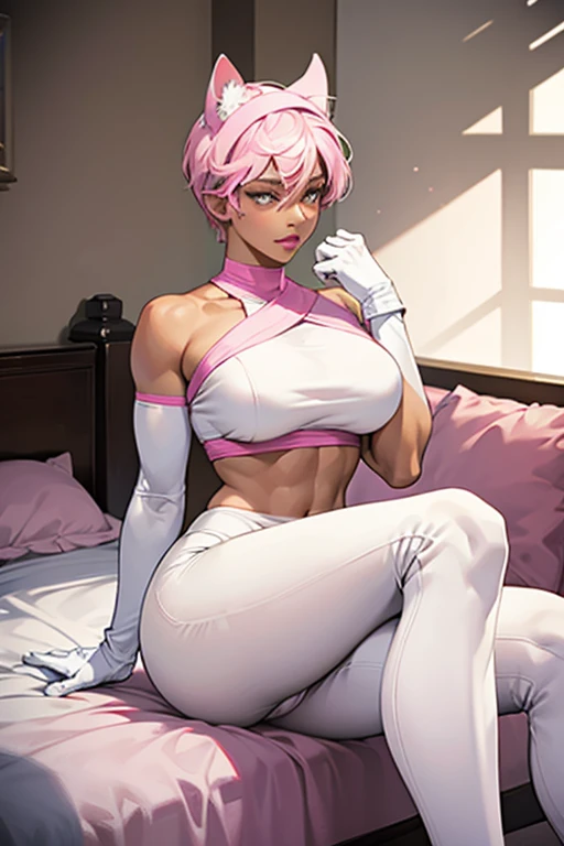 A short-haired, muscular, big-breasted, dark-skinned mature woman wearing a pink tube top, white leggings, white boots, white gloves, and a cat ear headband sitting on a bed