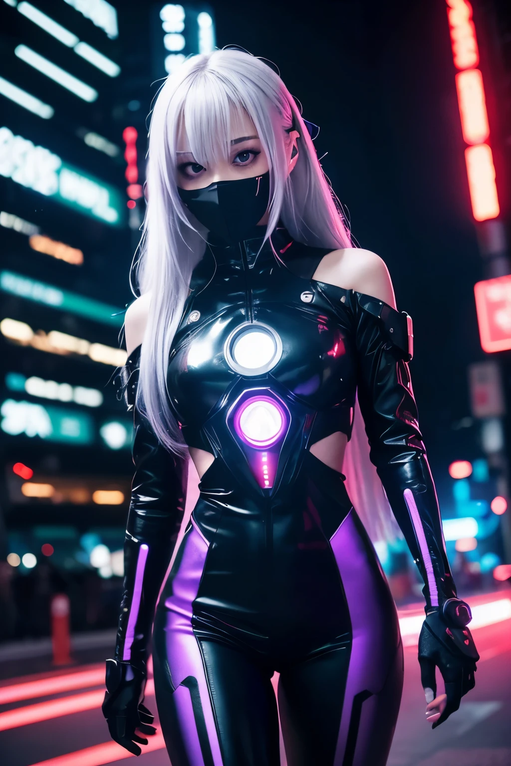A young woman stands in a cyberpunk-style background、Wearing futuristic gear。Her hair is long、It is silvery white and shines in the light.。He wears a black cyber mask on his face.、It has glowing red details。Her eyes are sharp、The purple eyes are striking。
She is wearing a black bodysuit、The suit has a red glowing line running through it.。High-tech equipment is attached to the shoulders.、This also emits a red light.。In the background is a night cityscape with neon lights shining.、It has a futuristic and energetic vibe.。
as a whole、This scene gives a strong sense of the cyberpunk worldview.、Her outfit matches the background perfectly.。