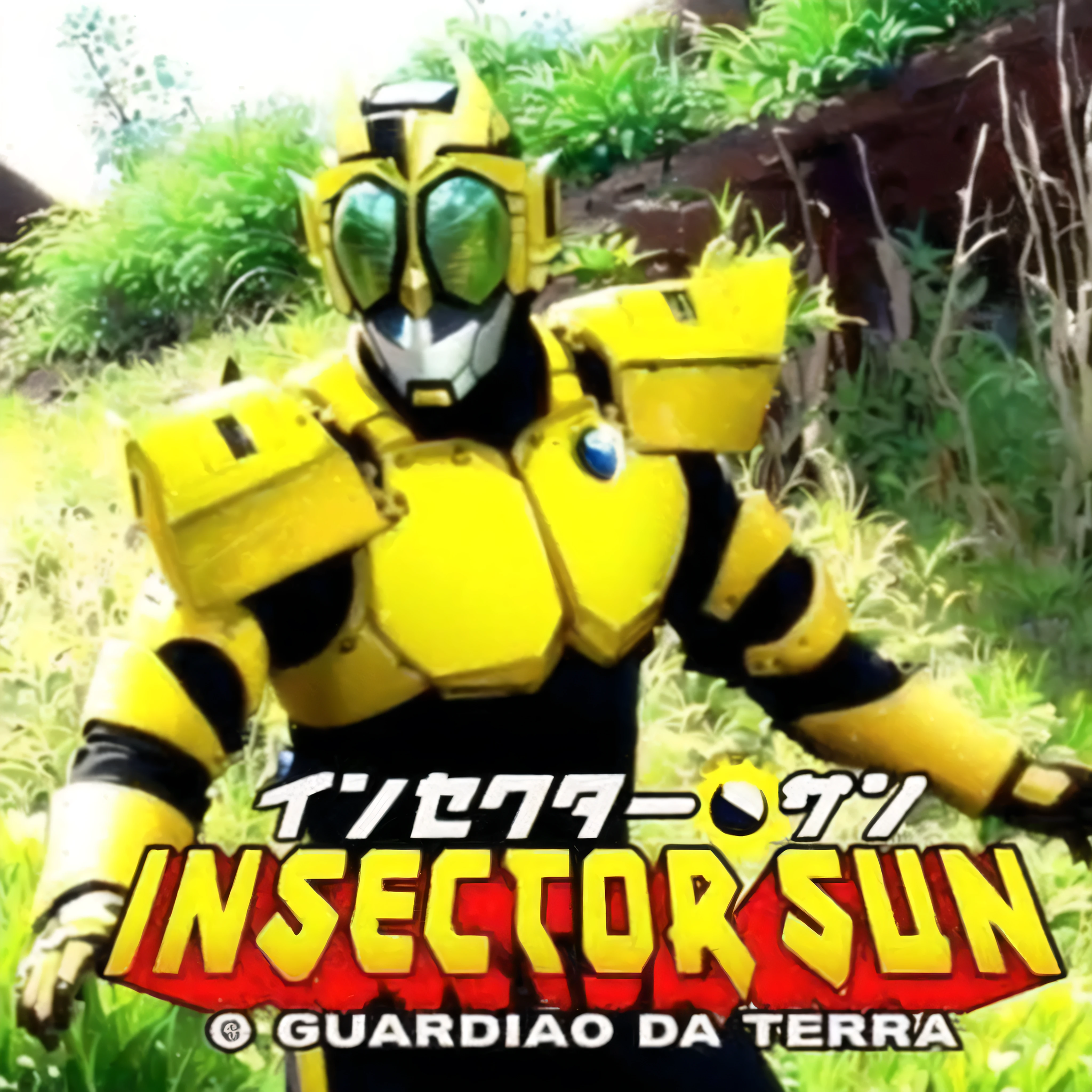 um close up de uma pessoa em um traje amarelo e preto, Tokusatsu, insetoide, Toei, vieram cavaleiros, hidetaka tenjin, 🌻🎹🎼, Vencedor, gundam, garota treinadora de insetos, German fury, full of insect robots, baseado em abelha, fera, album cover, 1996