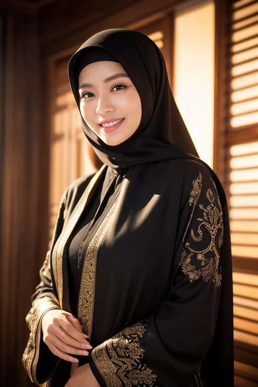 a gorgeous 42 year old Indonesian woman, 1girl, silk abaya, in hijab, smiling, shy, opened mouth, visible teeth, hot mom, full body portrait, (best quality,4k,8k,highres,masterpiece:1.2),ultra-detailed,(realistic,photorealistic,photo-realistic:1.37),HDR,UHD,studio lighting,ultra-fine painting,sharp focus,physically-based rendering,extreme detail description,professional,vivid colors,bokeh,portraits,warm color tones,dramatic lighting