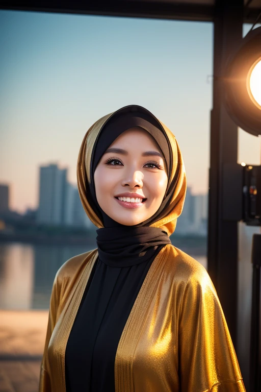 a gorgeous 42 year old Indonesian woman, 1girl, silk abaya, in hijab, smiling, shy, opened mouth, visible teeth, hot mom, full body portrait, (best quality,4k,8k,highres,masterpiece:1.2),ultra-detailed,(realistic,photorealistic,photo-realistic:1.37),HDR,UHD,studio lighting,ultra-fine painting,sharp focus,physically-based rendering,extreme detail description,professional,vivid colors,bokeh,portraits,warm color tones,dramatic lighting