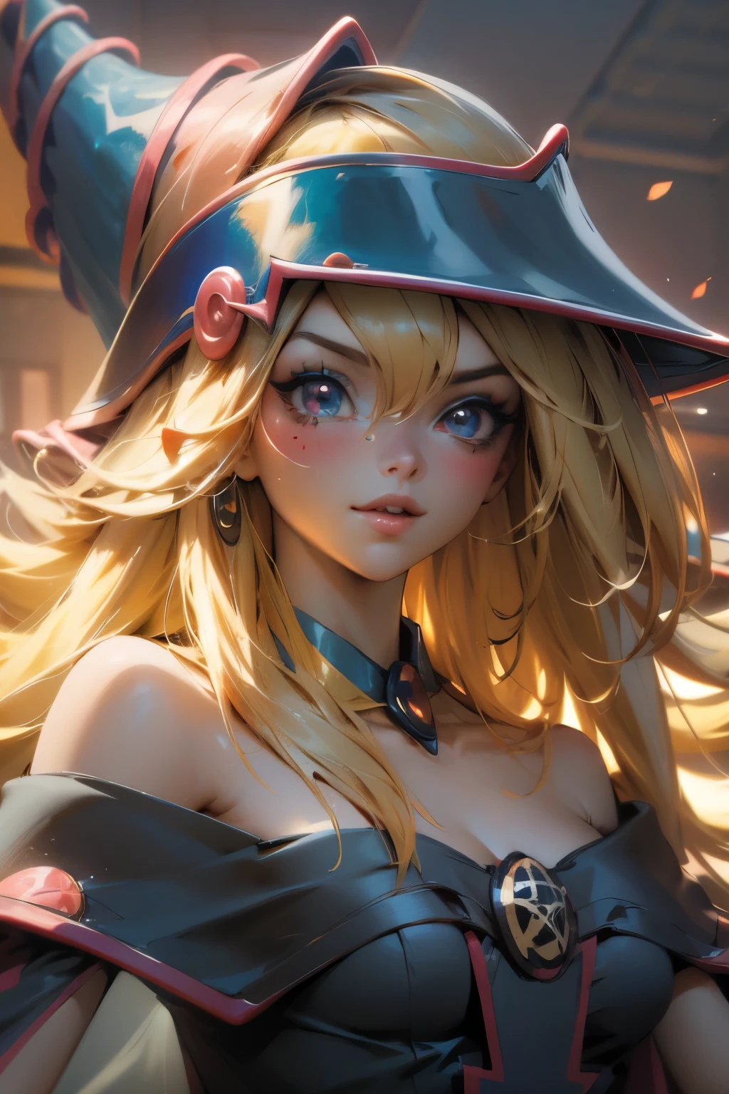 Hermoso rostro de dark magician gils, ojos azules. Labios rosados. Cabello rubio y largo. Ombros descubiertos, sonrisa angelical, hermoso rostro bien detallados de dark magician gils. Nude. Hot. Sexy. Nude