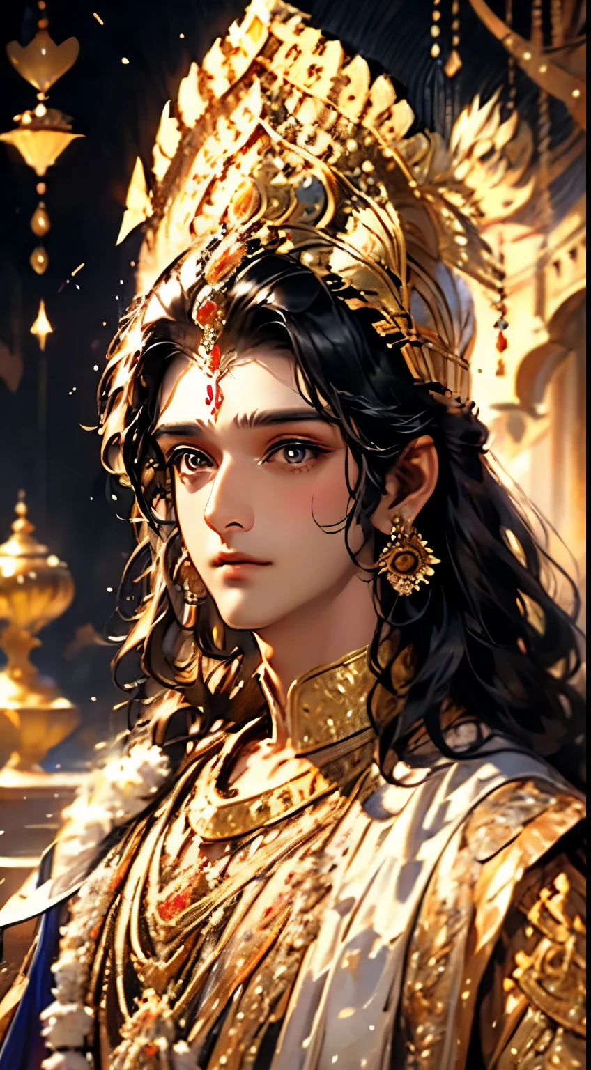 beautiful elegant man, Lord Krishna, photorealistic, 8k, hyperdetailed, masterpiece, fantasy art, dreamlike background, 1 adult male, clean detailed face, beautiful warm brown eyes, shiny black hair, lovely yellow dress with intricate embroidery, luxurious jewelry, mesmerizing detailed art, closeup shot