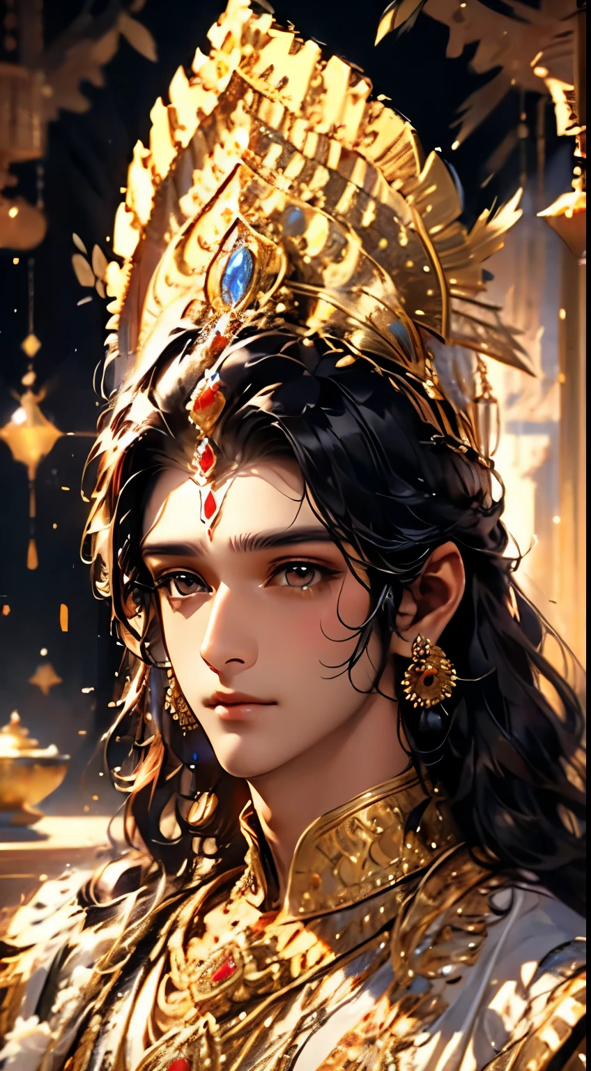 beautiful elegant man, Lord Krishna, photorealistic, 8k, hyperdetailed, masterpiece, fantasy art, dreamlike background, 1 adult male, clean detailed face, beautiful warm brown eyes, shiny black hair, lovely yellow dress with intricate embroidery, luxurious jewelry, mesmerizing detailed art, closeup shot