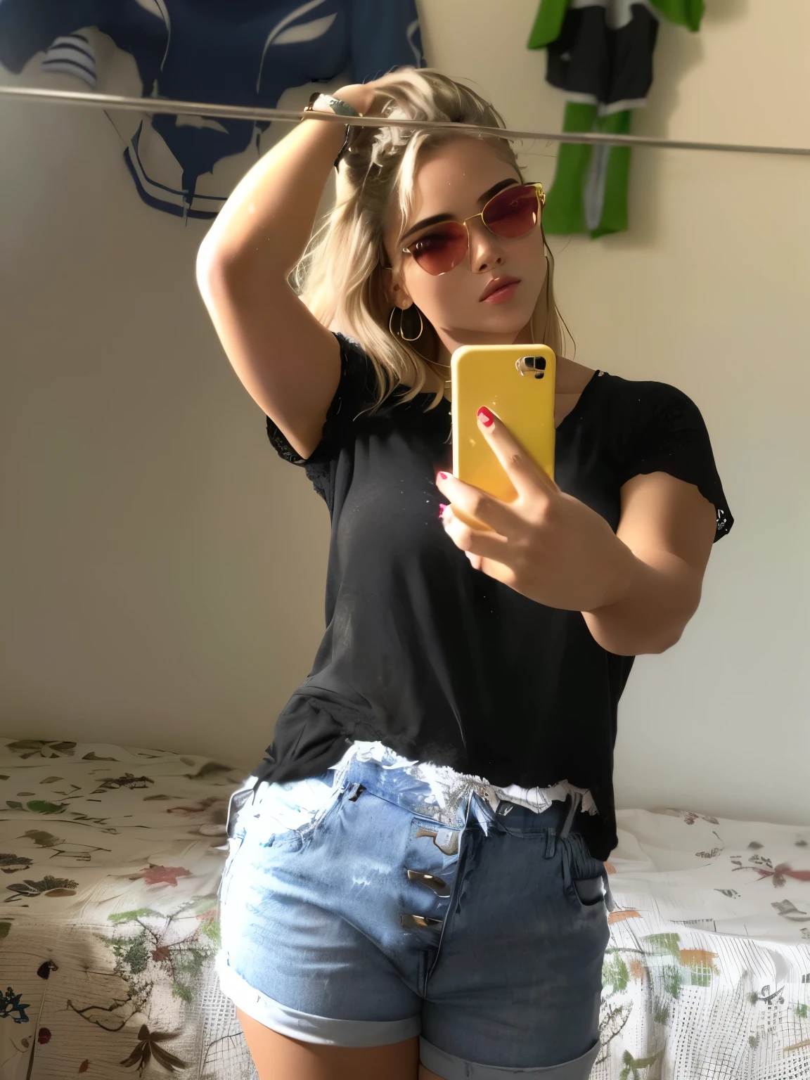 mulher loira de camisa preta e shorts jeans tirando uma selfie, jeans curtos, look sexy, modelo do instagram, selfie de uma jovem, foto da roupa, corte superior, imagens, jeans, hands in pockets, pose casual, baixa qualidade, with hands in pockets, top decotado, 2 modelo feminino de 4 anos, roupas casuais, powder Nándor Katona