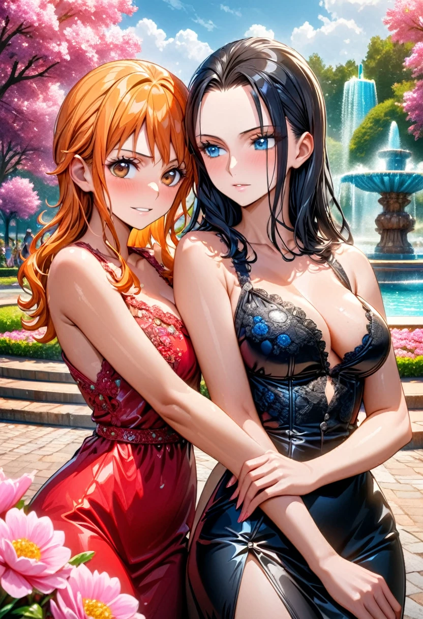 absurdres, highres, ultra detailed, HDR, master piece, best quality, Nico Robin, black hair, expressive blue eyes, One Piece, Nami, orange hair, expressive brown eyes, two beautiful women together, pretty, red dress, black dress, park, fountain, pink flowers, pink trees